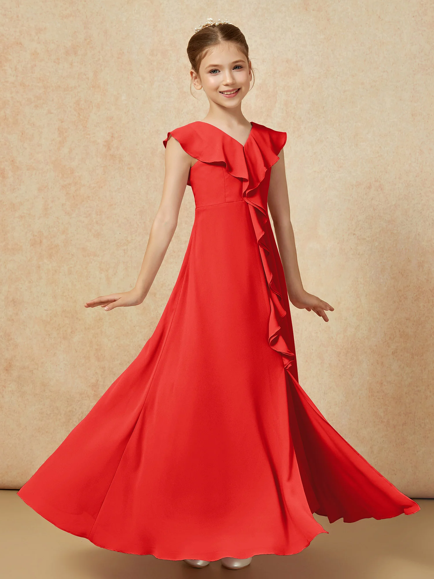 V-neck Ruffle Chiffon Junior Bridesmaid Dresses With Slit Red - Image 3