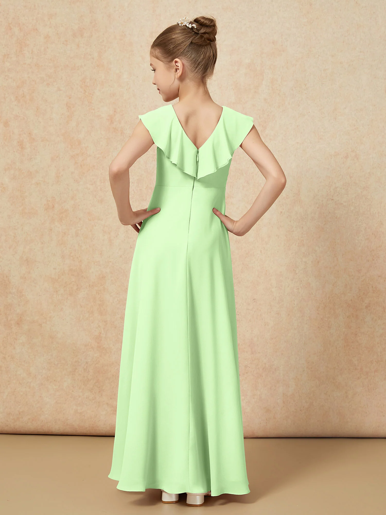 V-neck Ruffle Chiffon Junior Bridesmaid Dresses With Slit Sage - Image 2