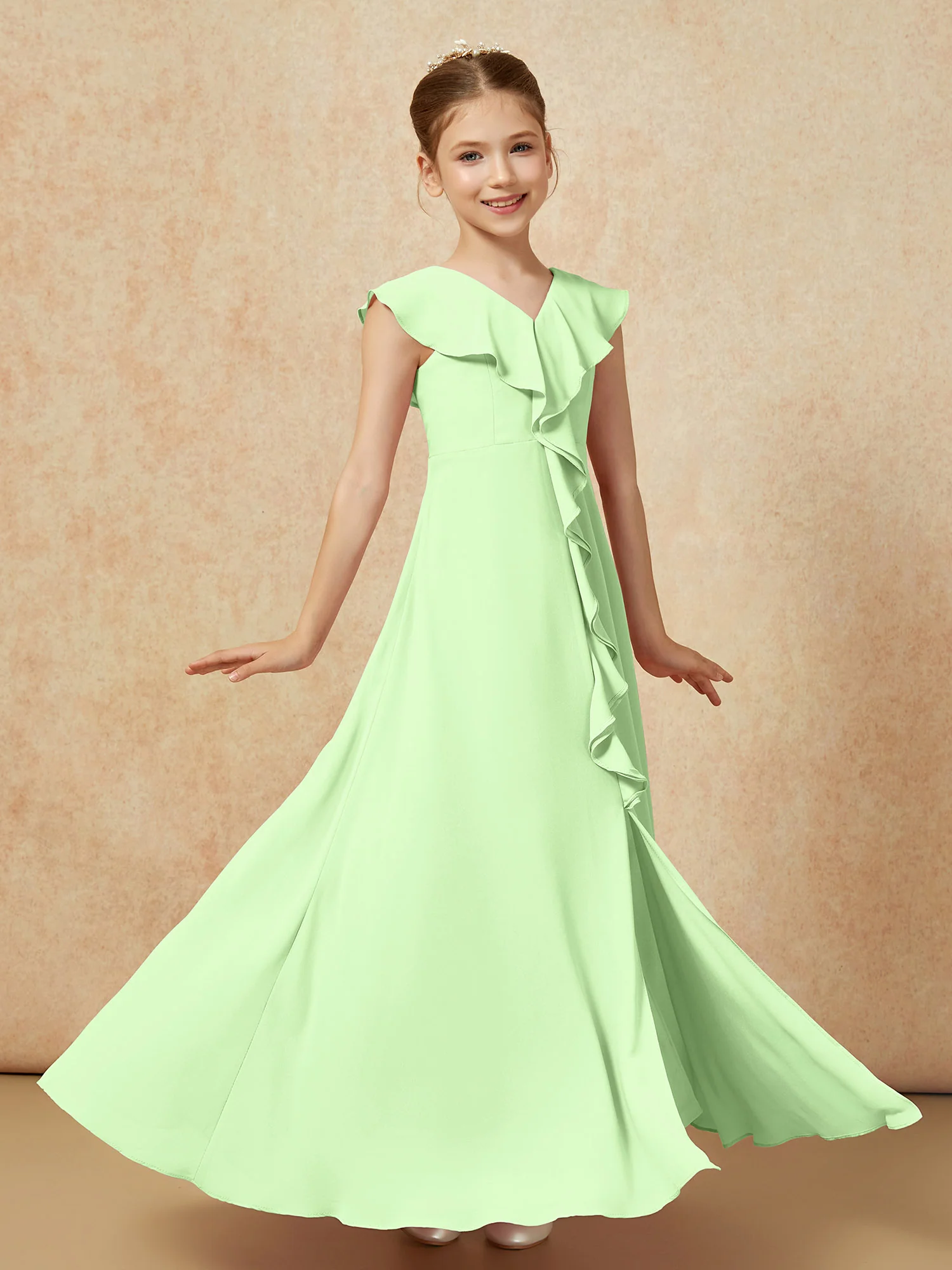 V-neck Ruffle Chiffon Junior Bridesmaid Dresses With Slit Sage - Image 3