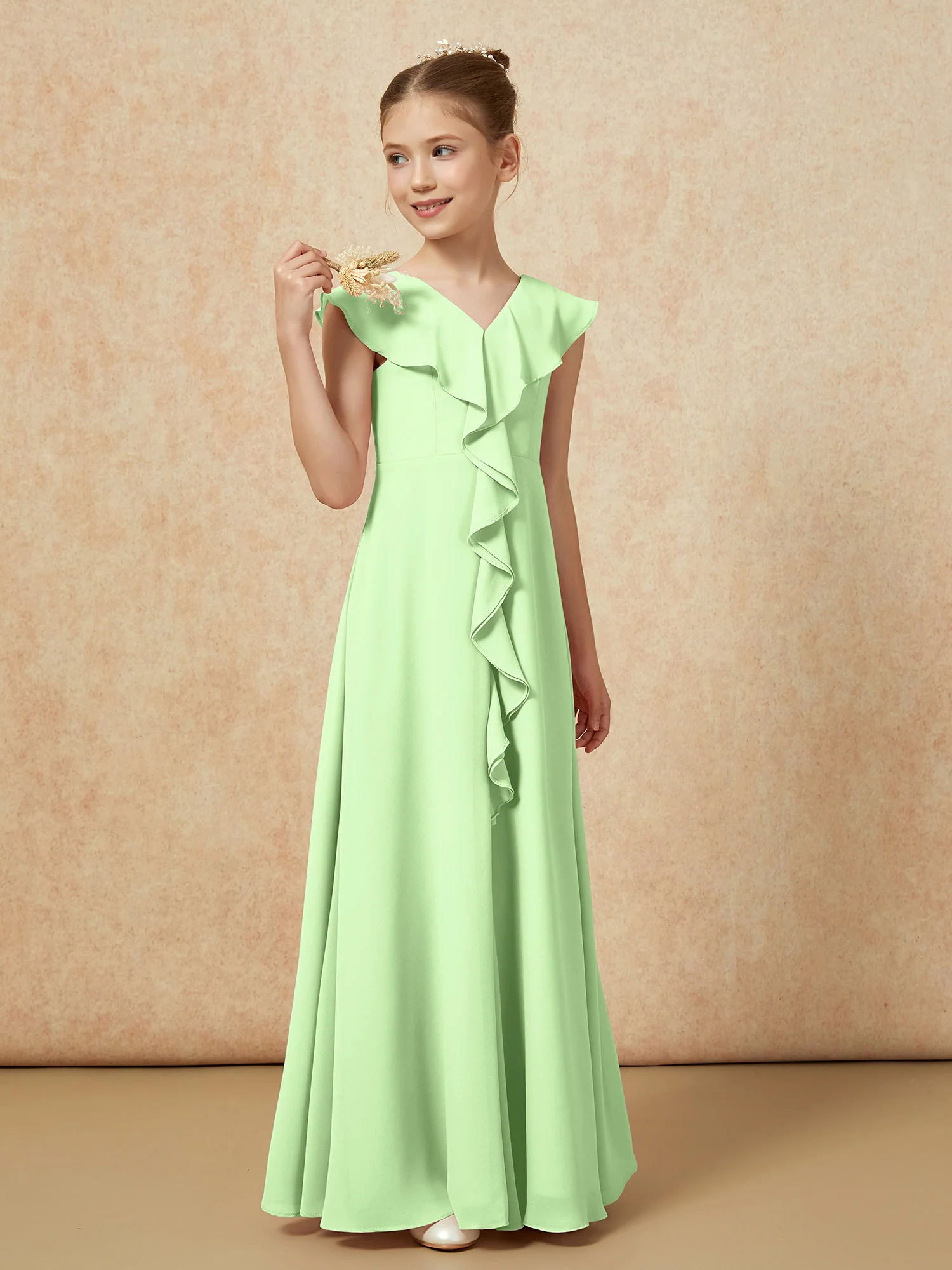 V-neck Ruffle Chiffon Junior Bridesmaid Dresses With Slit Sage - Image 4