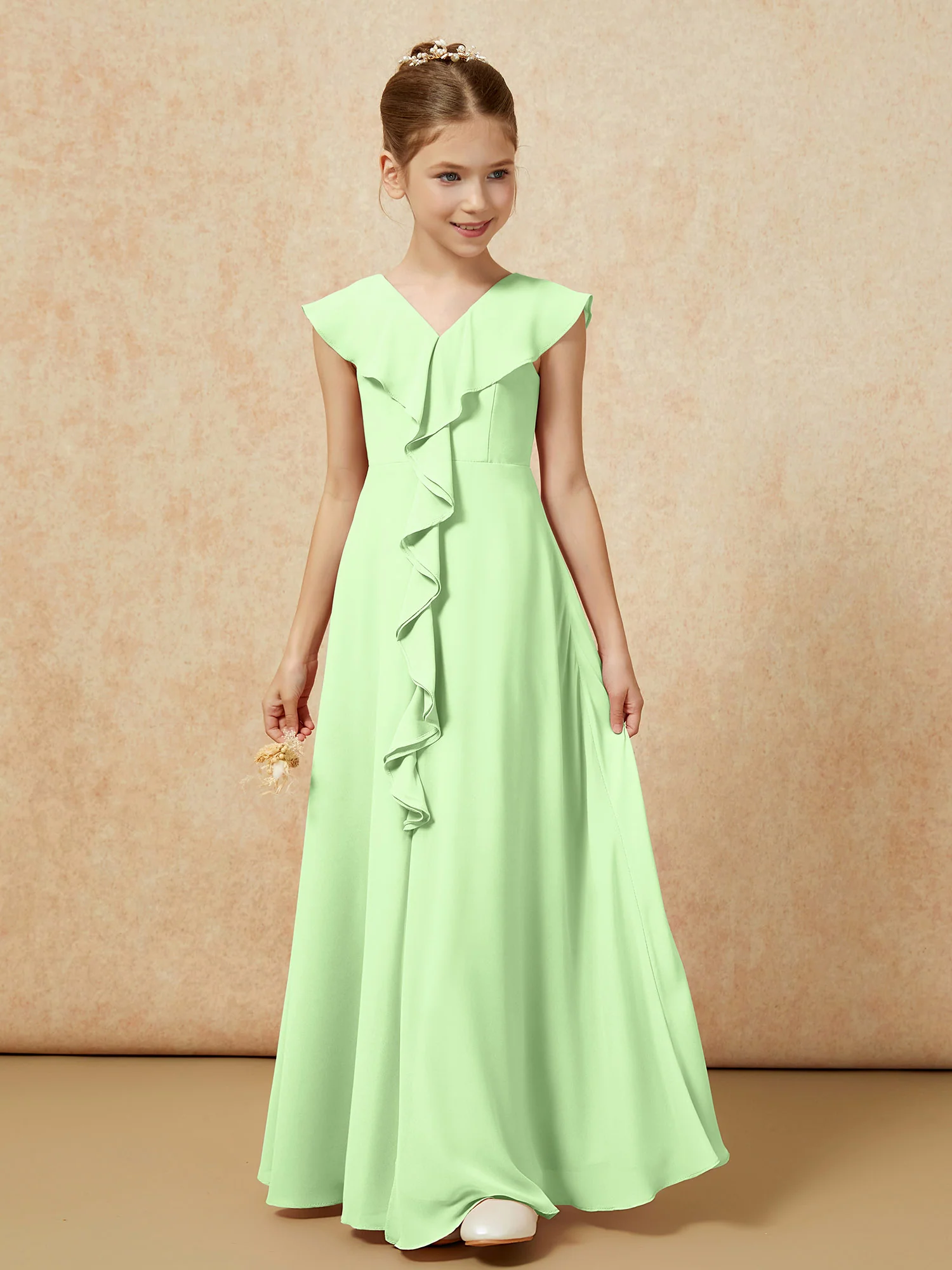 V-neck Ruffle Chiffon Junior Bridesmaid Dresses With Slit Sage - Image 5