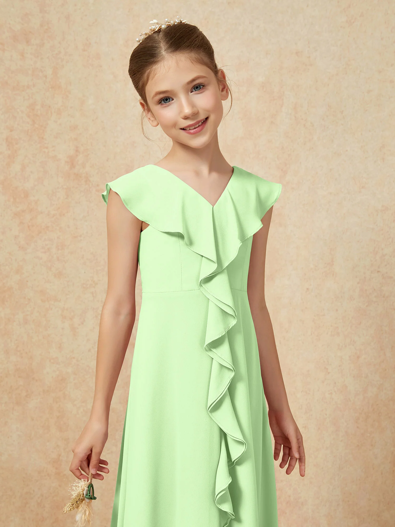 V-neck Ruffle Chiffon Junior Bridesmaid Dresses With Slit Sage - Image 6