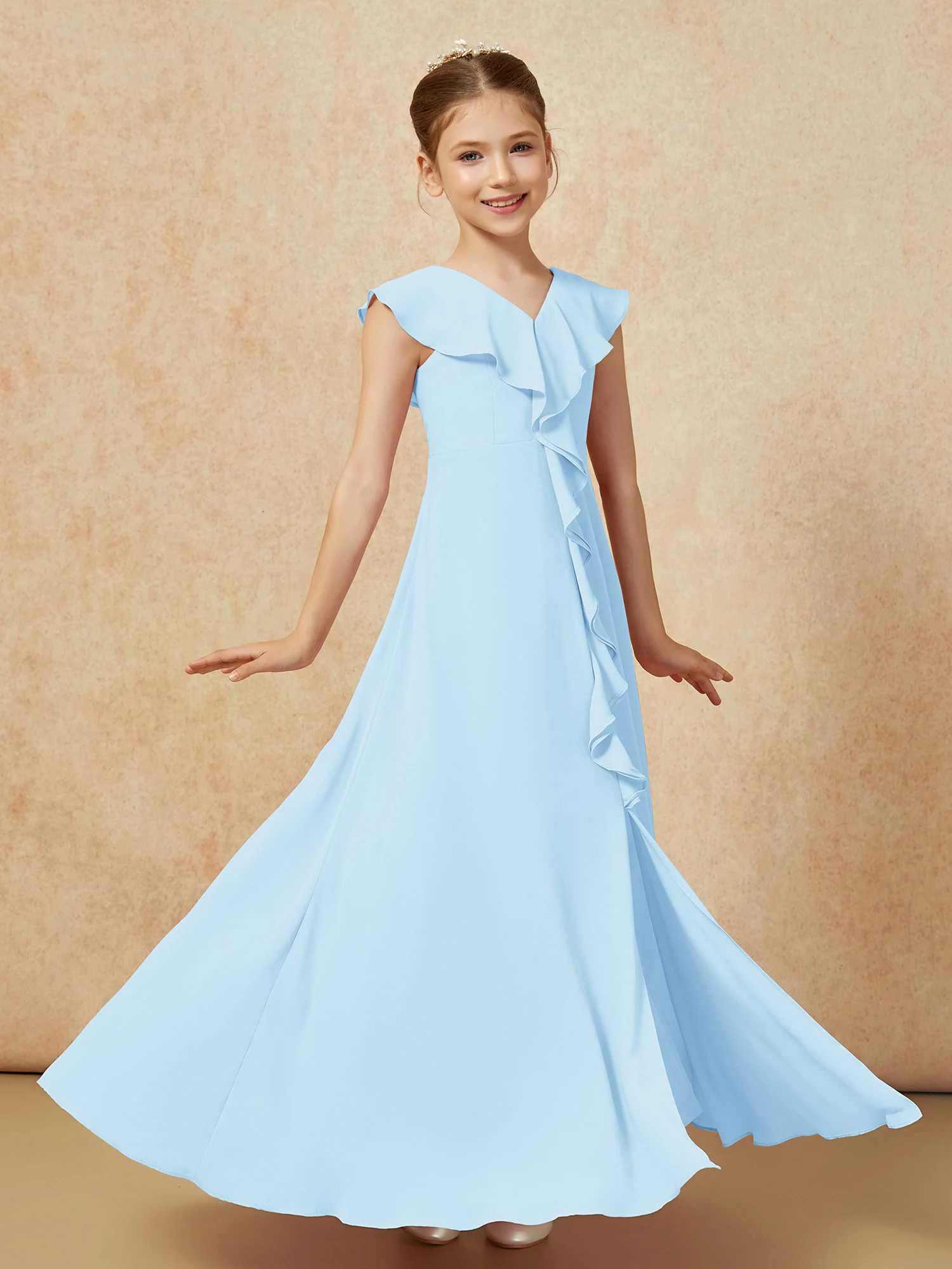 V-neck Ruffle Chiffon Junior Bridesmaid Dresses With Slit Sky Blue - Image 3