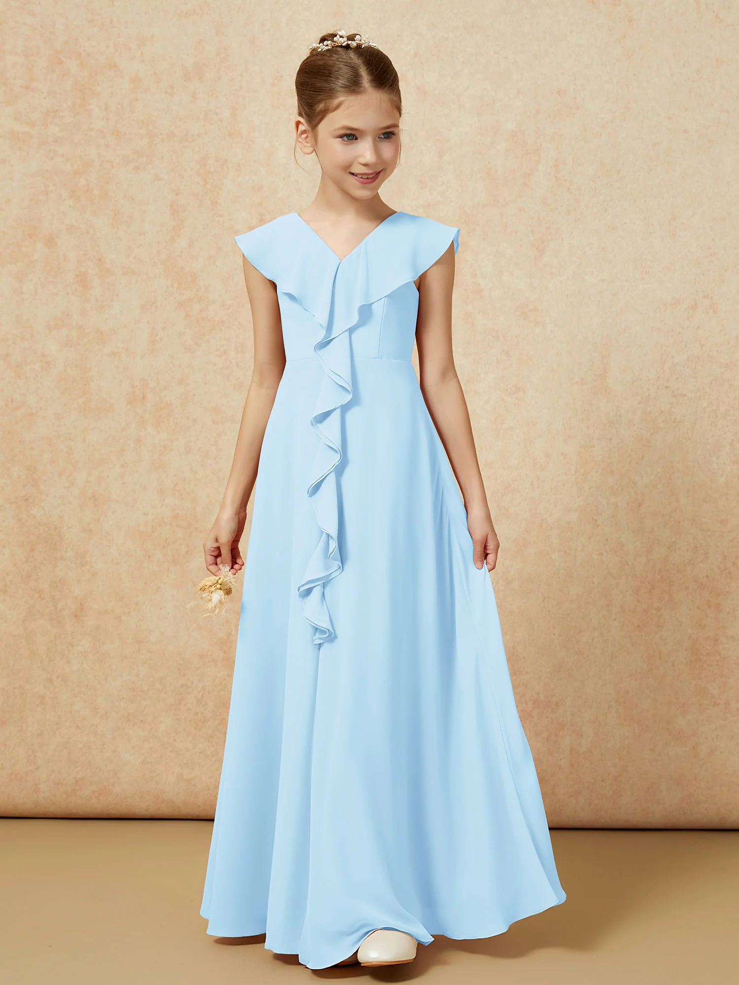 V-neck Ruffle Chiffon Junior Bridesmaid Dresses With Slit Sky Blue - Image 5