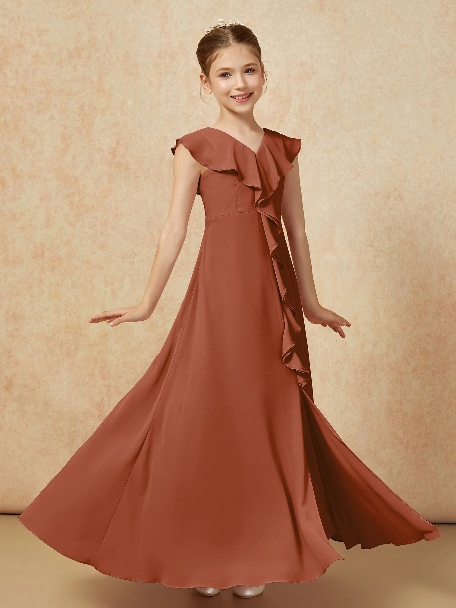 V-neck Ruffle Chiffon Junior Bridesmaid Dresses With Slit Terracotta - Image 3