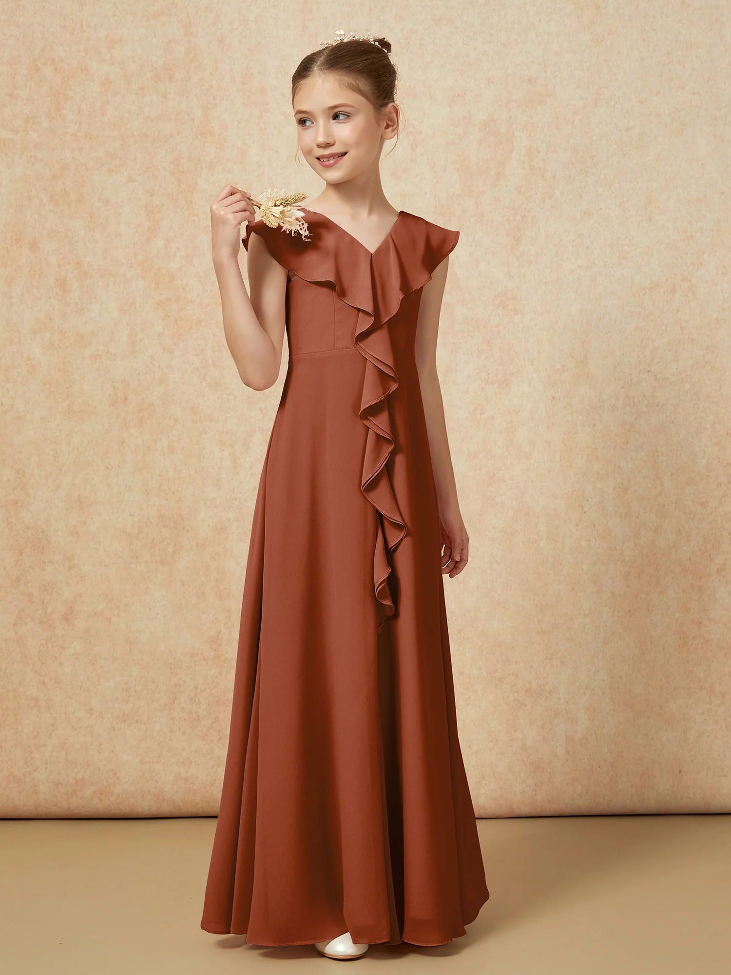 V-neck Ruffle Chiffon Junior Bridesmaid Dresses With Slit Terracotta - Image 4