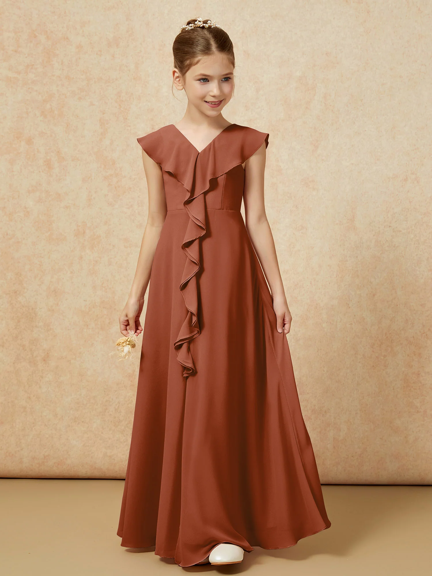 V-neck Ruffle Chiffon Junior Bridesmaid Dresses With Slit Terracotta - Image 5