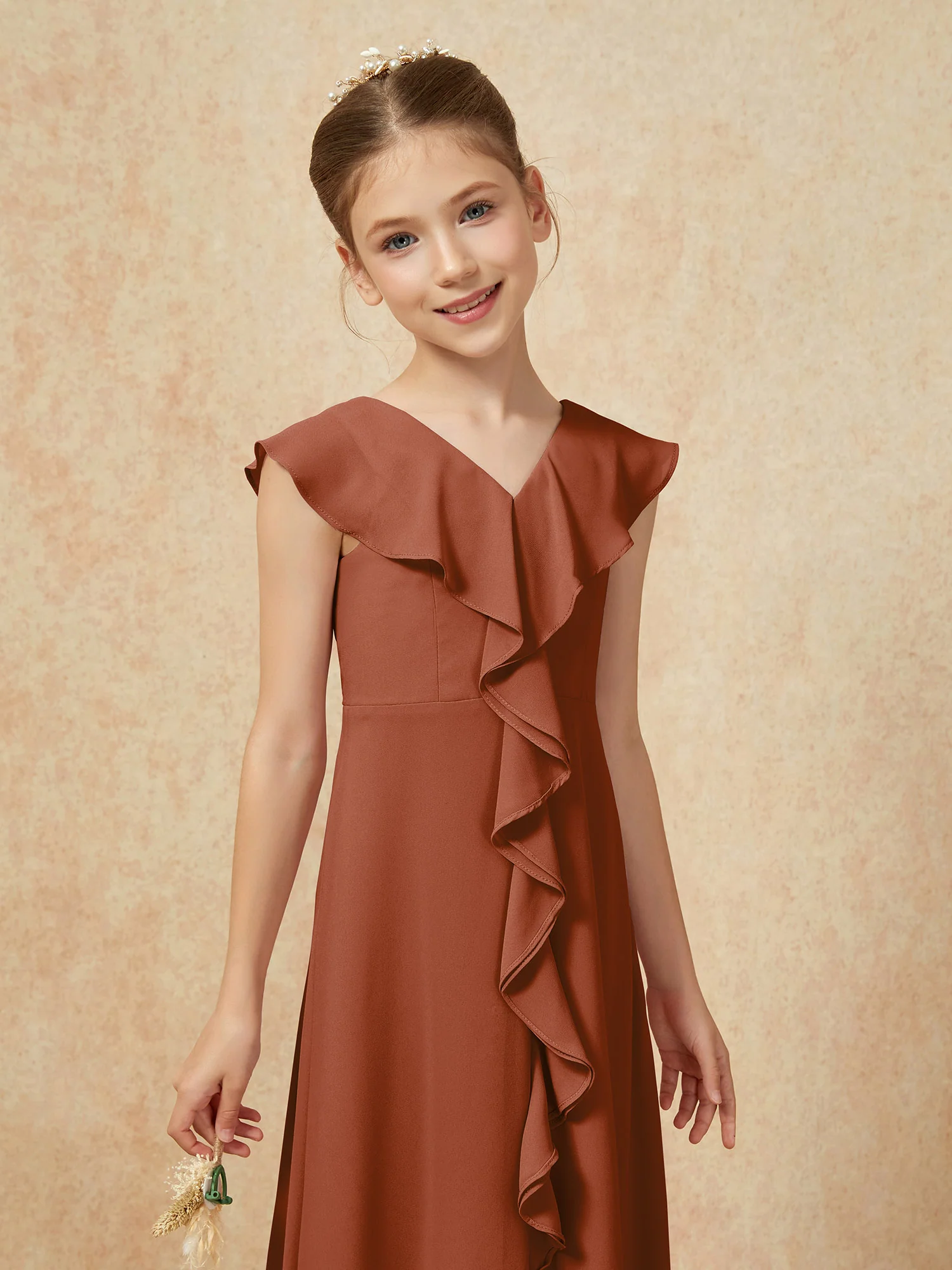 V-neck Ruffle Chiffon Junior Bridesmaid Dresses With Slit Terracotta - Image 6