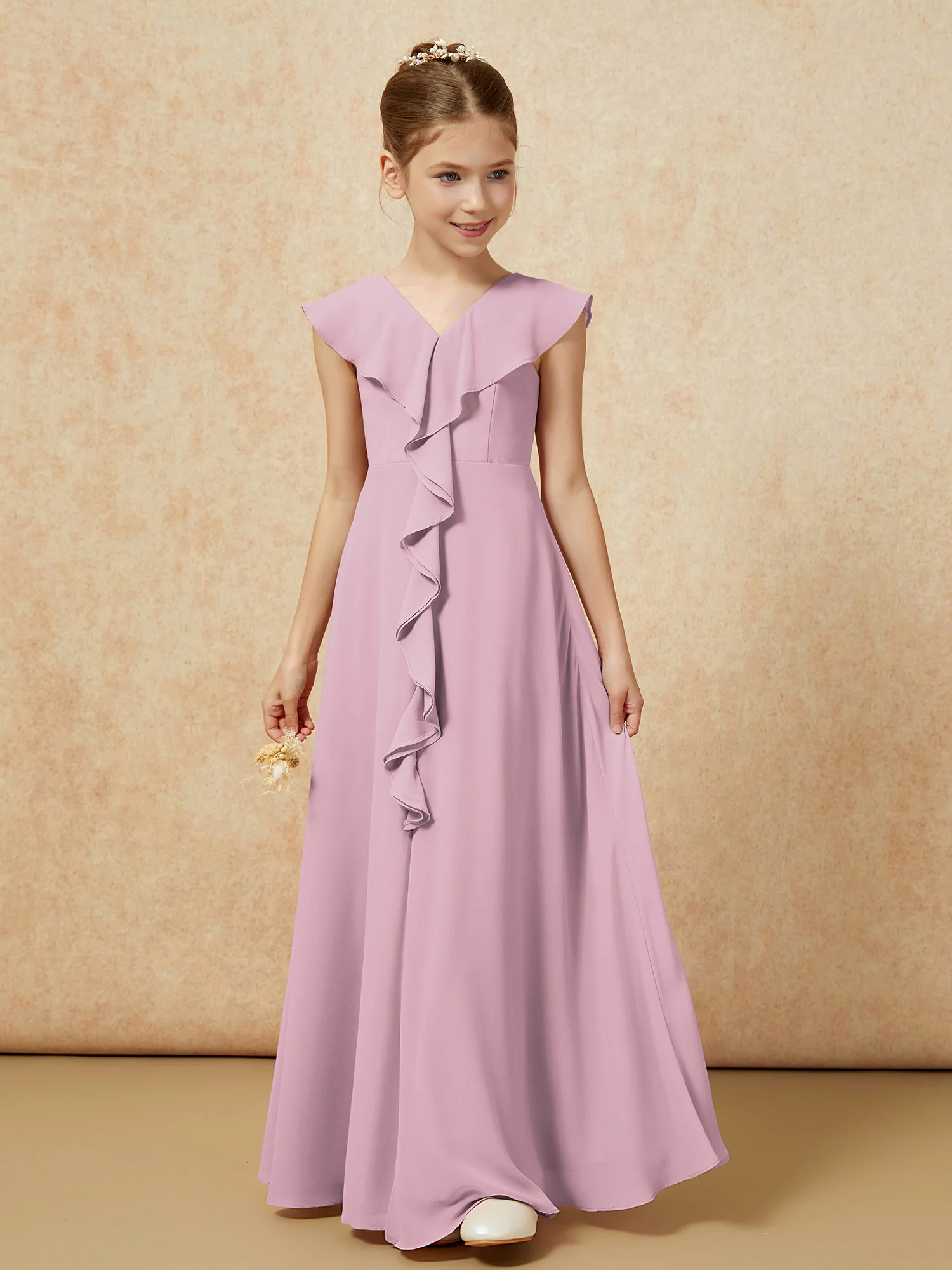 V-neck Ruffle Chiffon Junior Bridesmaid Dresses With Slit Vintage Mauve - Image 5