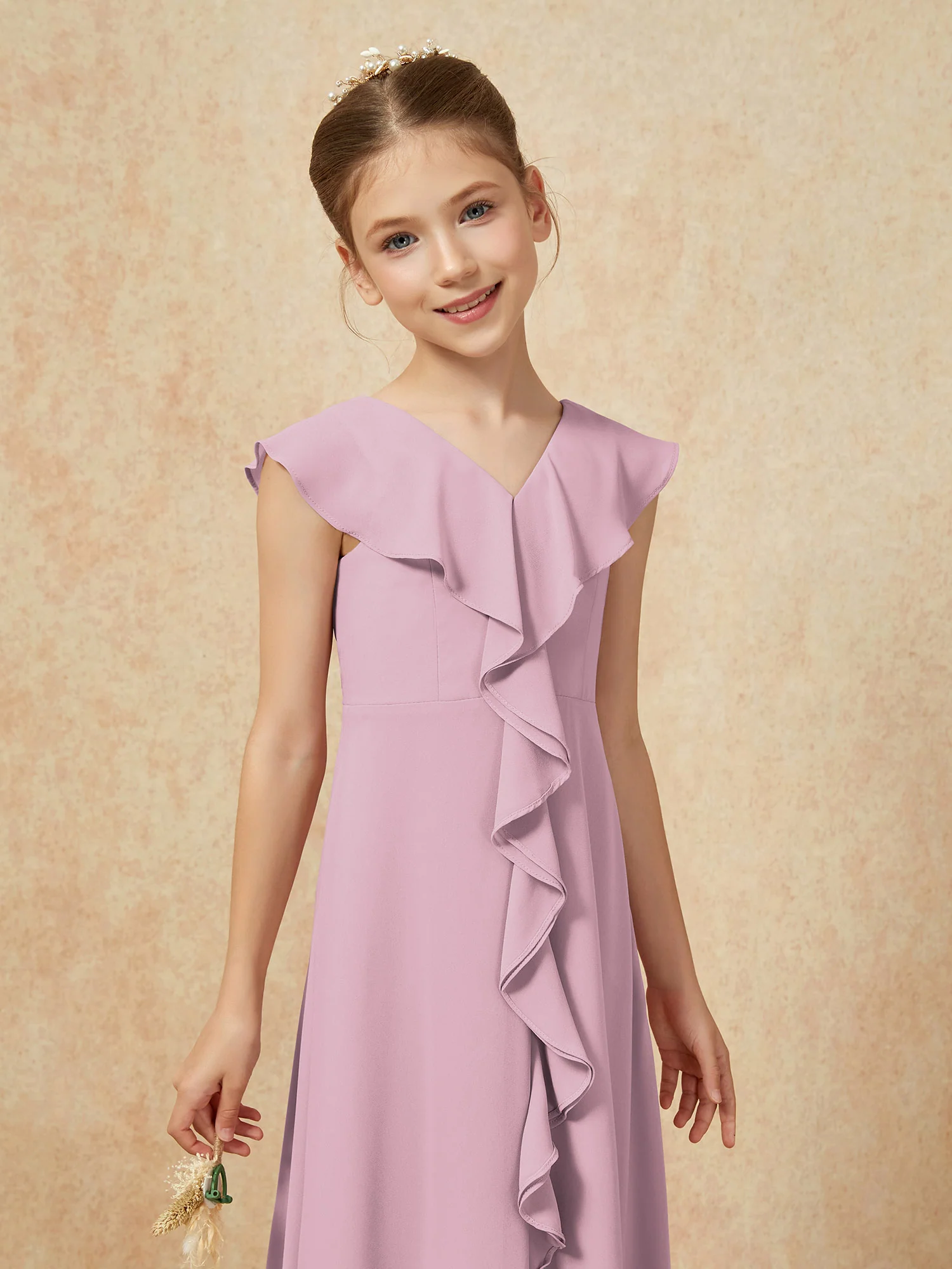 V-neck Ruffle Chiffon Junior Bridesmaid Dresses With Slit Vintage Mauve - Image 6