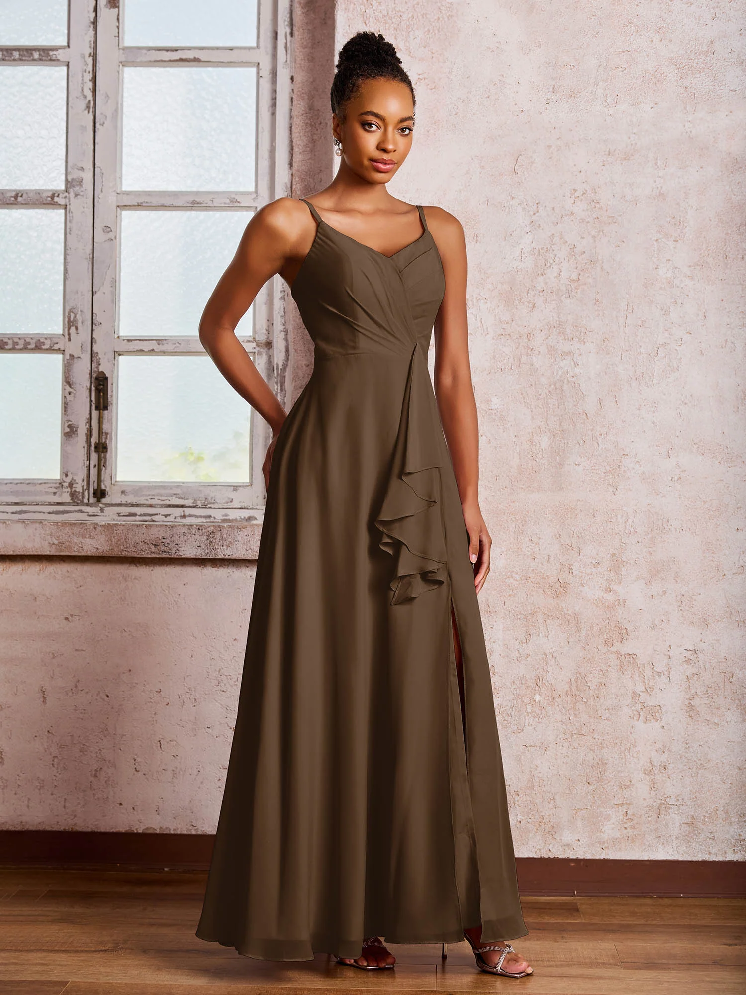 V-neck Ruffle Slit Chiffon Dresses with Cascade Skirt Brown - Image 3