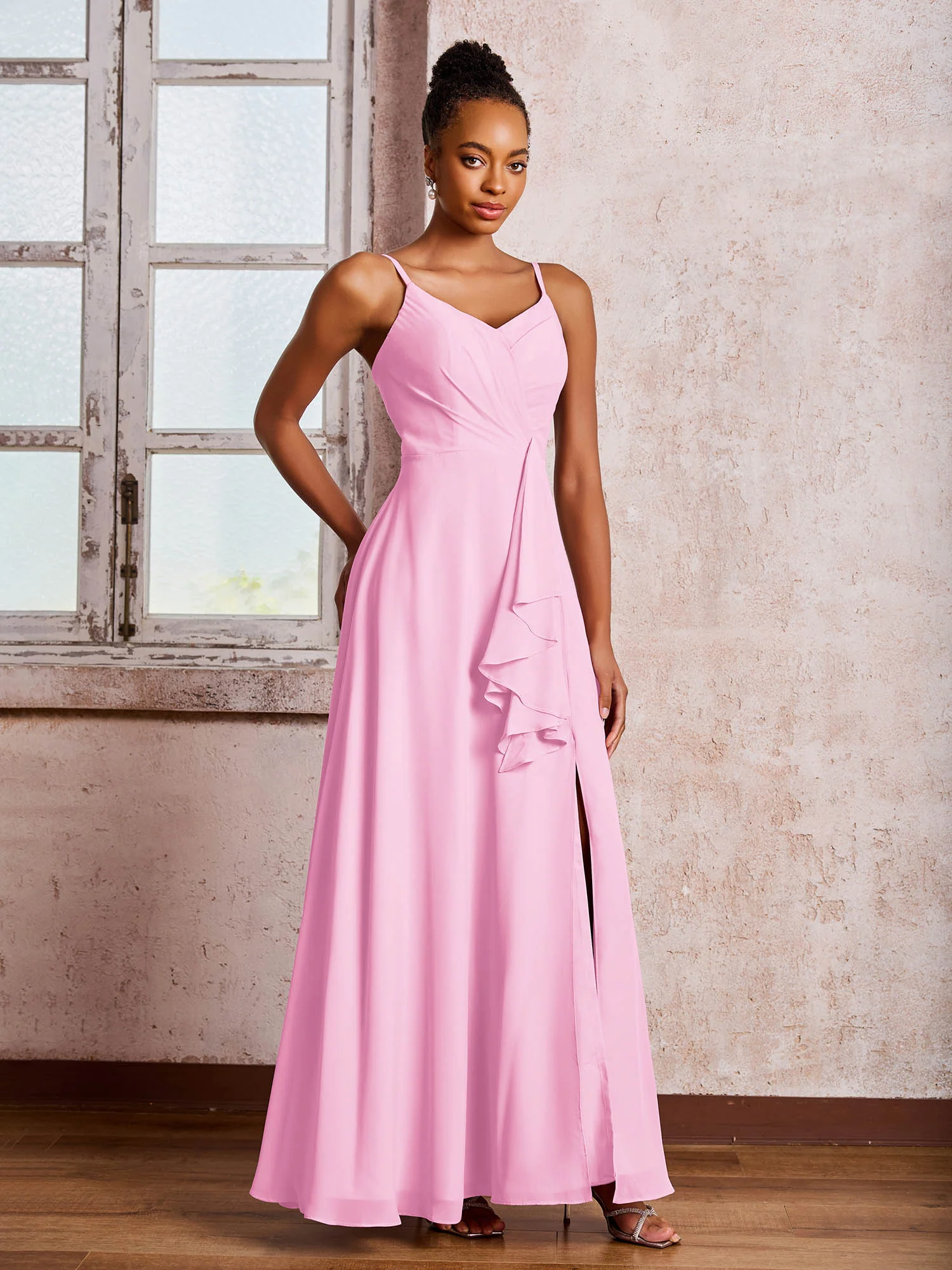 V-neck Ruffle Slit Chiffon Dresses with Cascade Skirt Candy Pink - Image 3