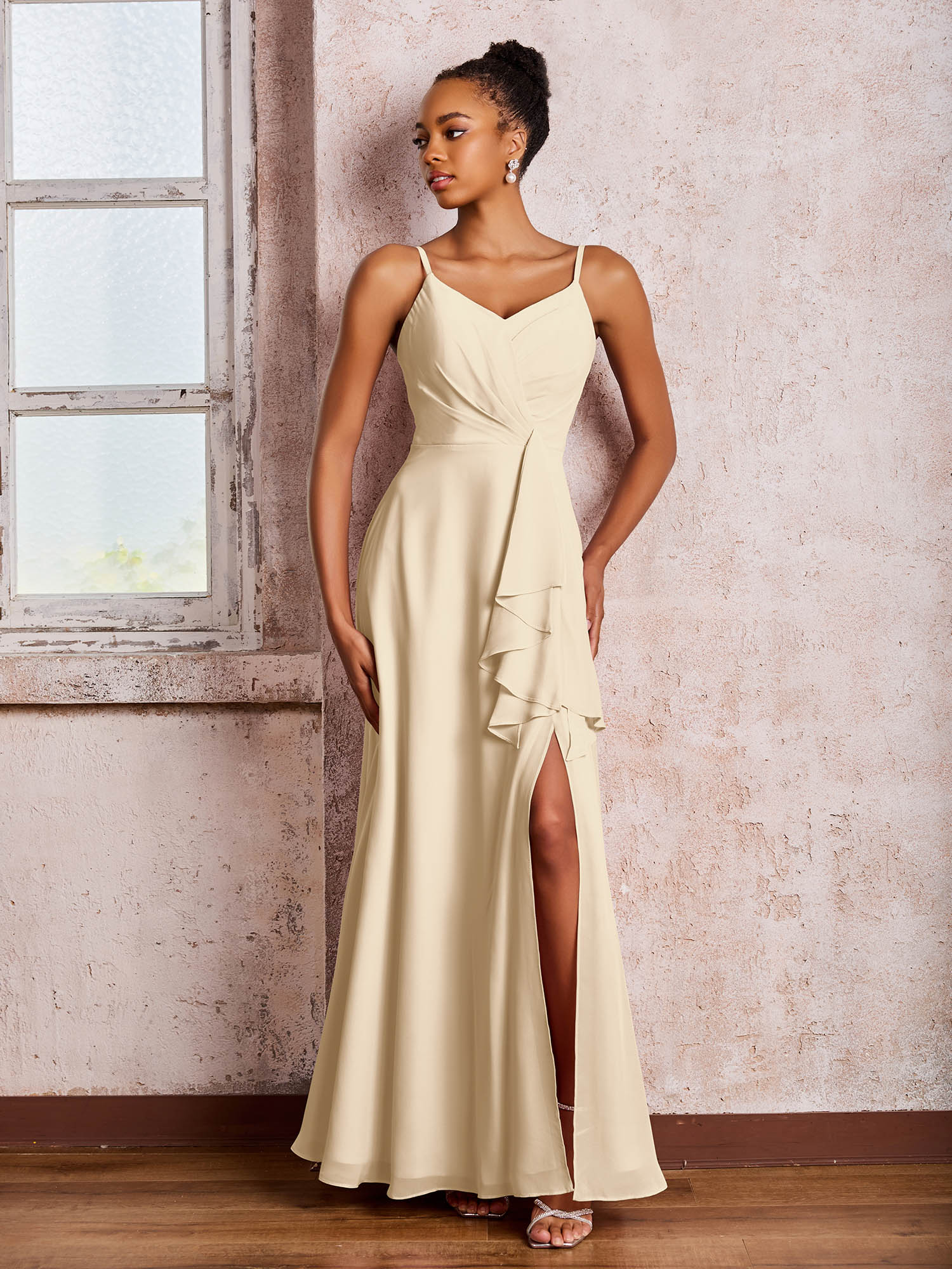 V-neck Ruffle Slit Chiffon Dresses with Cascade Skirt Champagne