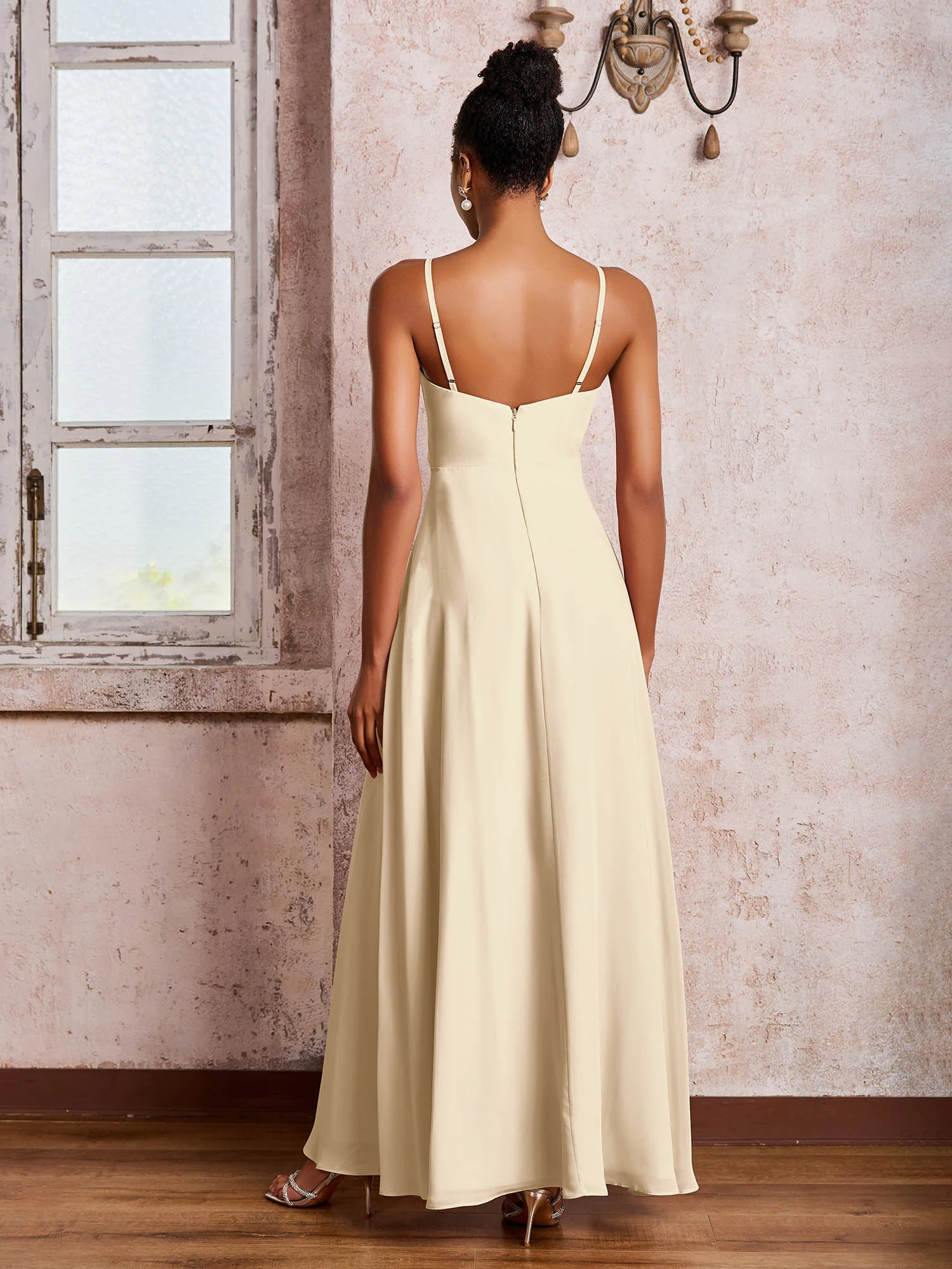 V-neck Ruffle Slit Chiffon Dresses with Cascade Skirt Champagne - Image 2