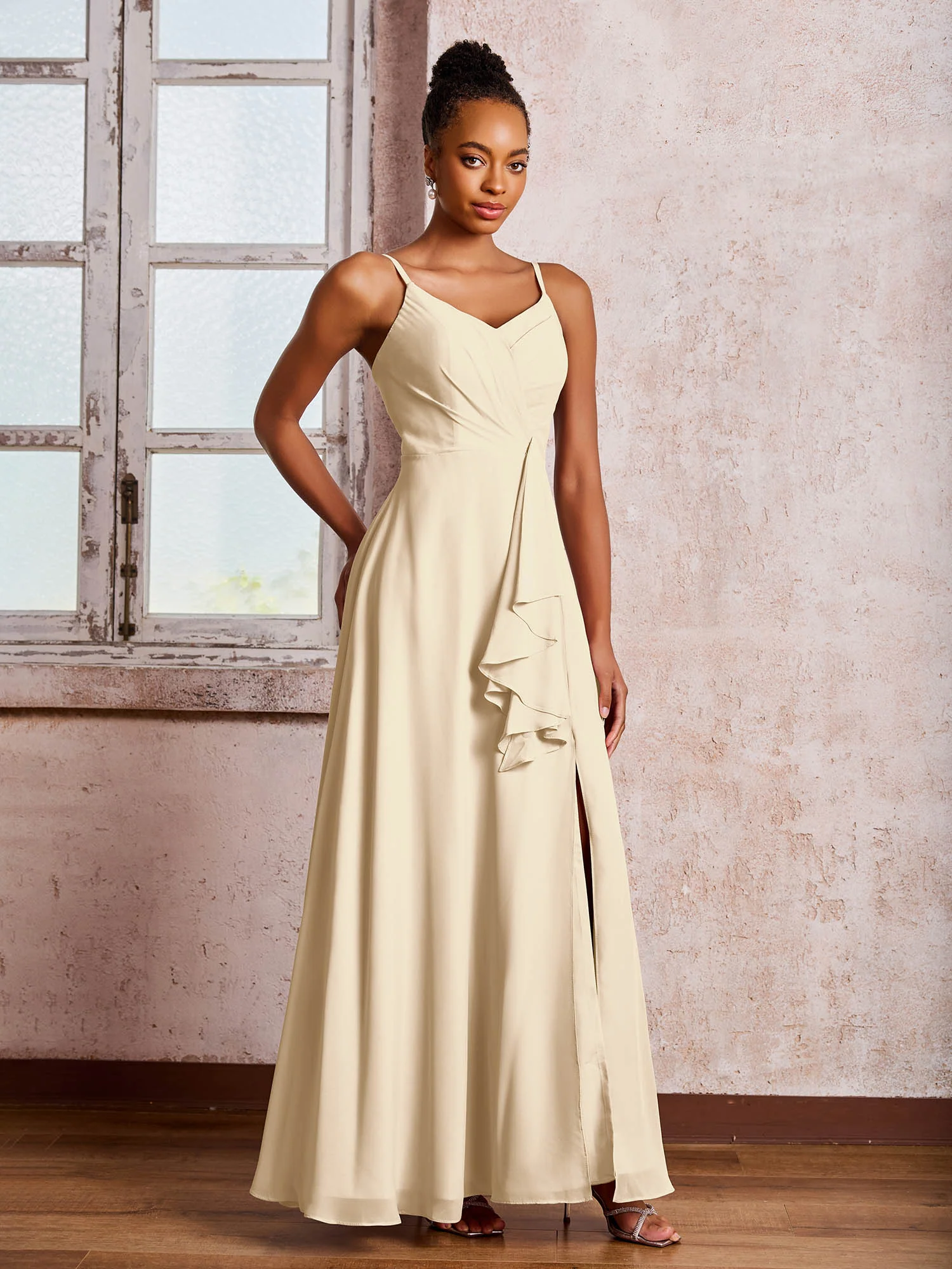 V-neck Ruffle Slit Chiffon Dresses with Cascade Skirt Champagne - Image 3