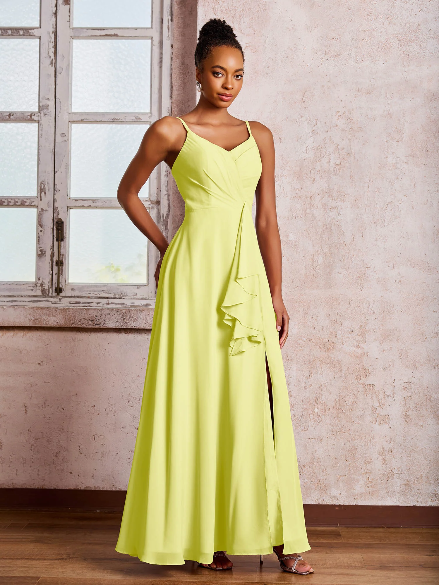 V-neck Ruffle Slit Chiffon Dresses with Cascade Skirt Daffodil - Image 3