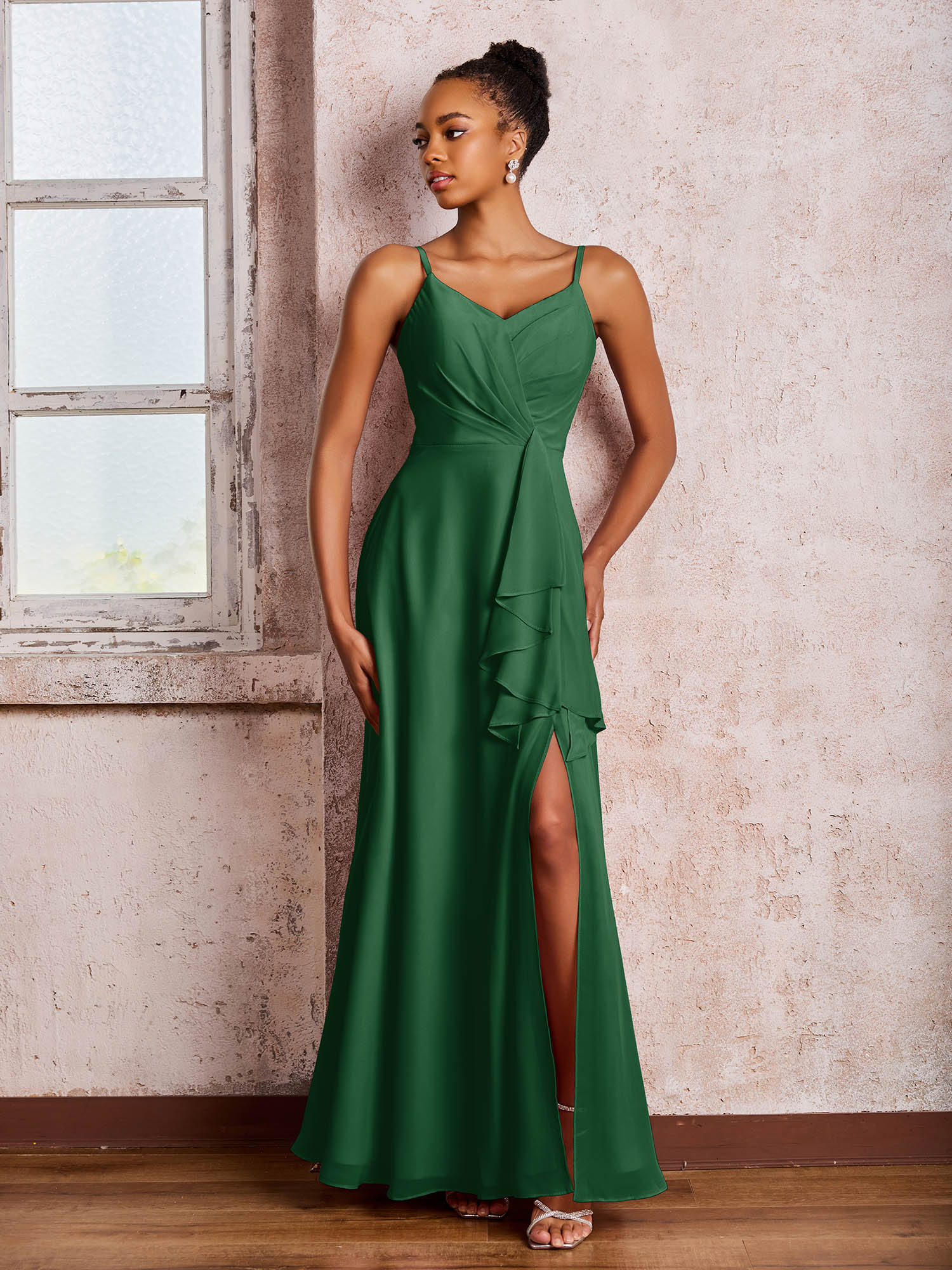 V-neck Ruffle Slit Chiffon Dresses with Cascade Skirt Dark Green