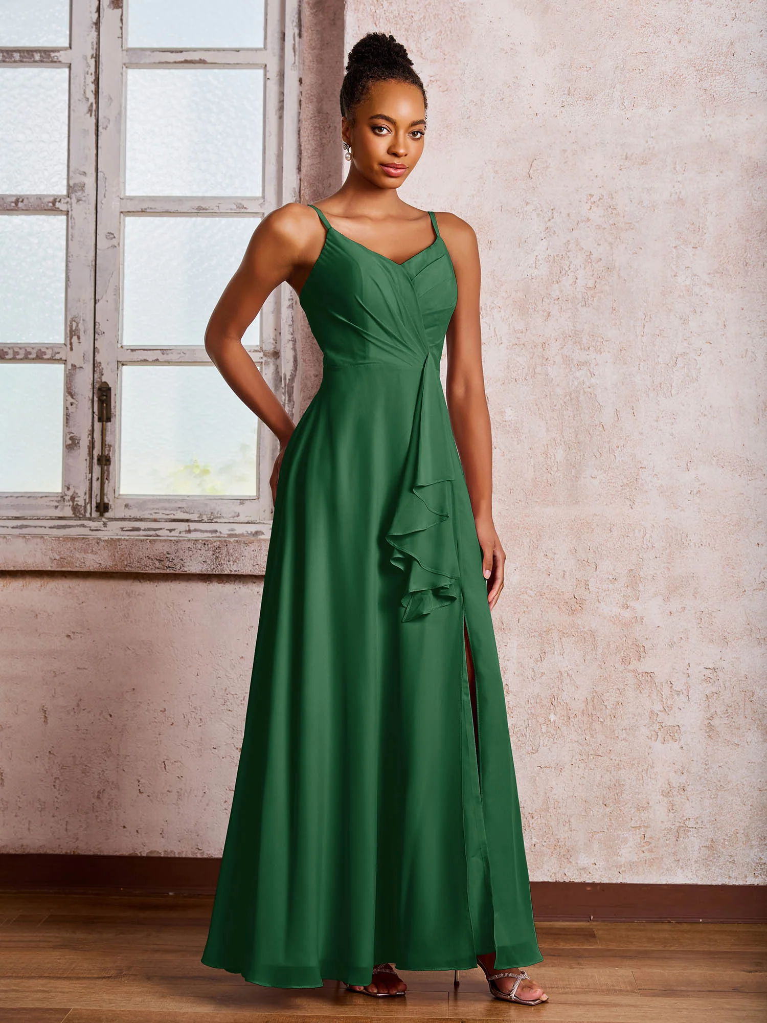 V-neck Ruffle Slit Chiffon Dresses with Cascade Skirt Dark Green - Image 3