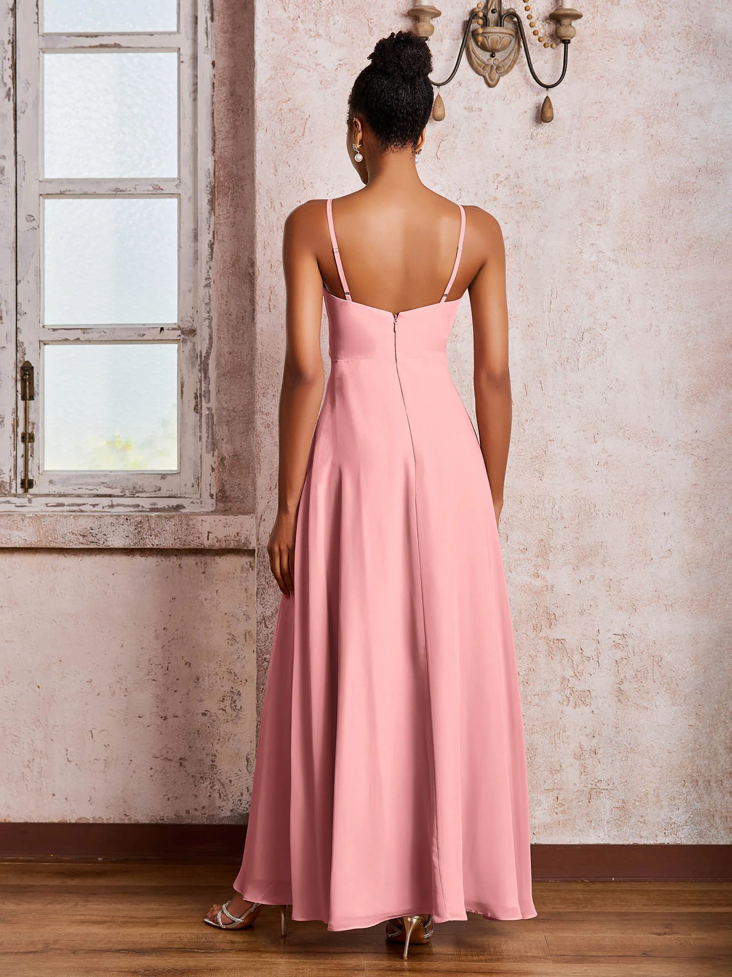 V-neck Ruffle Slit Chiffon Dresses with Cascade Skirt Flamingo - Image 2
