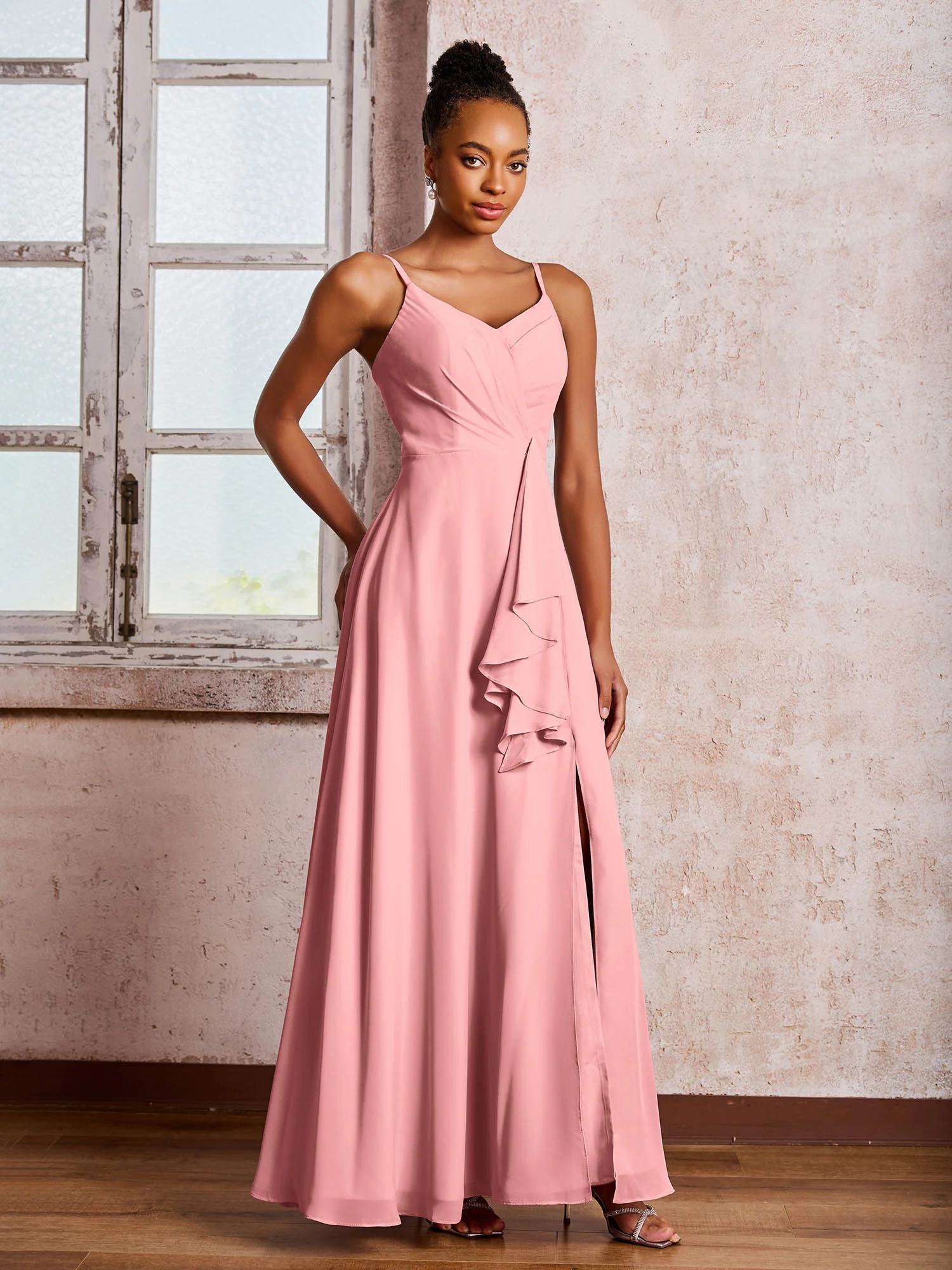 V-neck Ruffle Slit Chiffon Dresses with Cascade Skirt Flamingo - Image 3