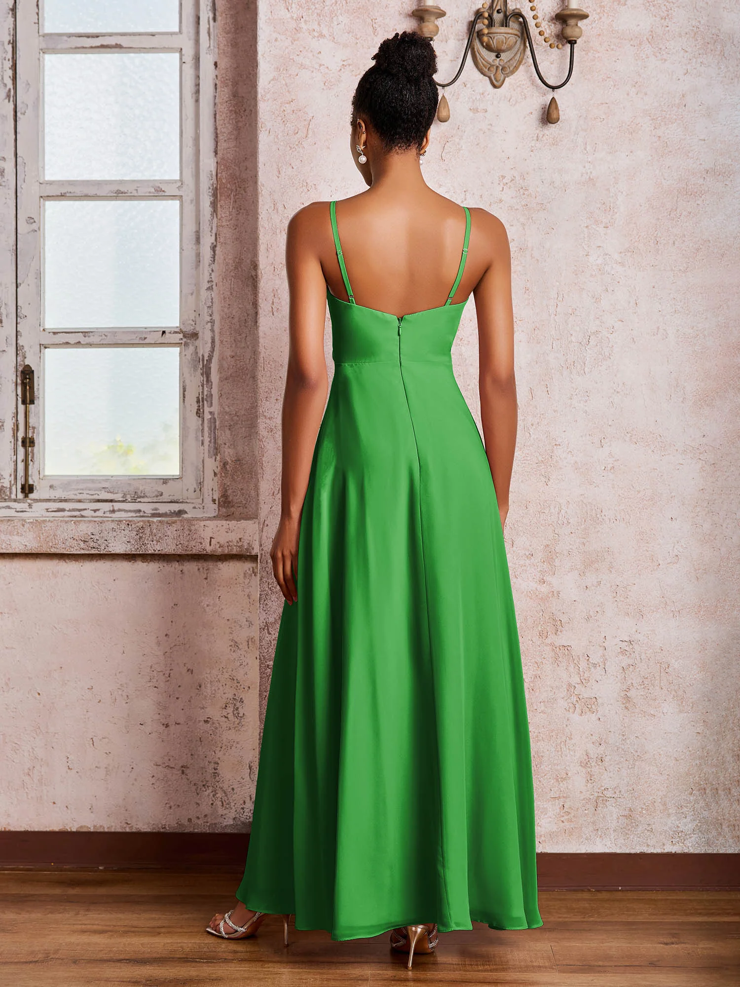V-neck Ruffle Slit Chiffon Dresses with Cascade Skirt Green - Image 2