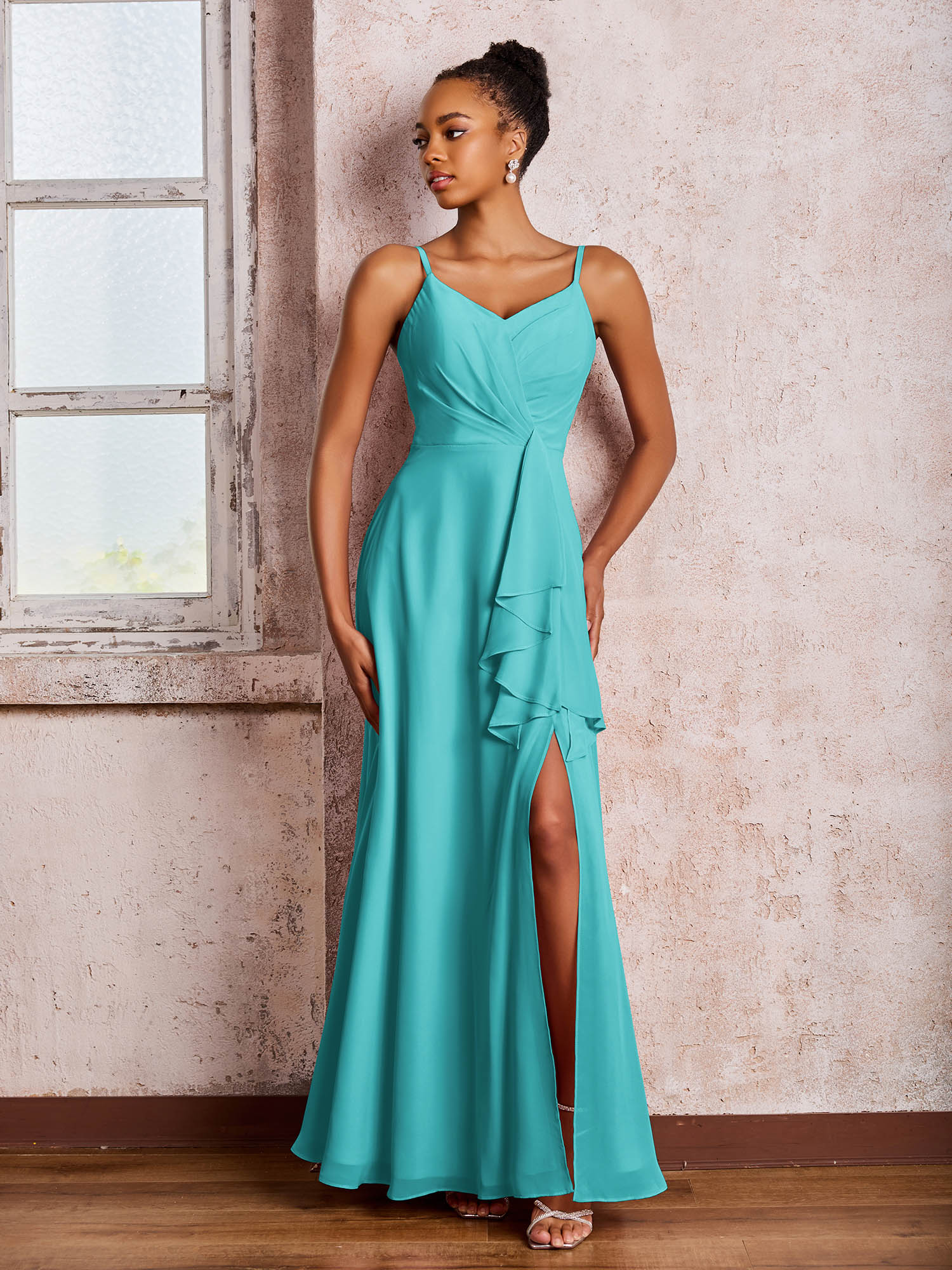 V-neck Ruffle Slit Chiffon Dresses with Cascade Skirt Jade