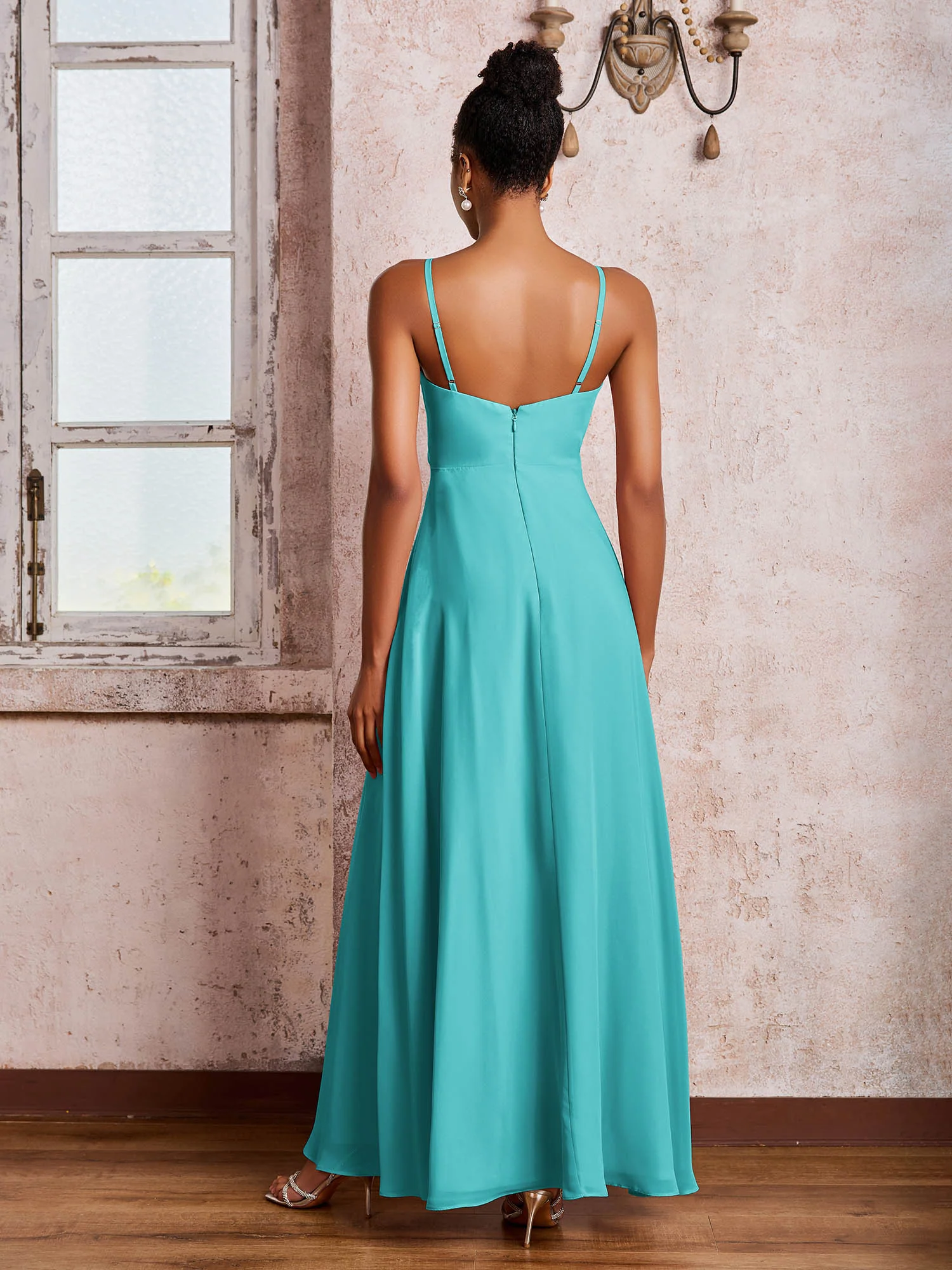 V-neck Ruffle Slit Chiffon Dresses with Cascade Skirt Jade - Image 2