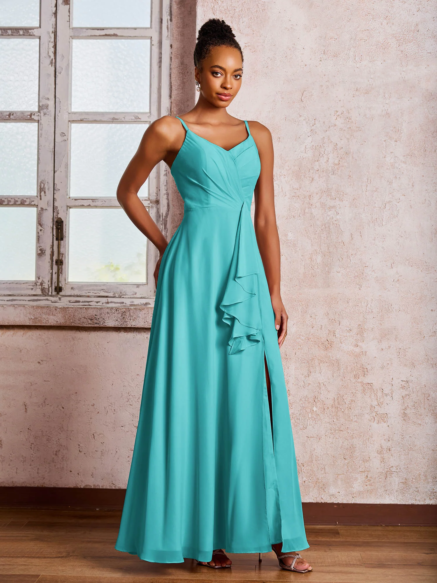 V-neck Ruffle Slit Chiffon Dresses with Cascade Skirt Jade - Image 3