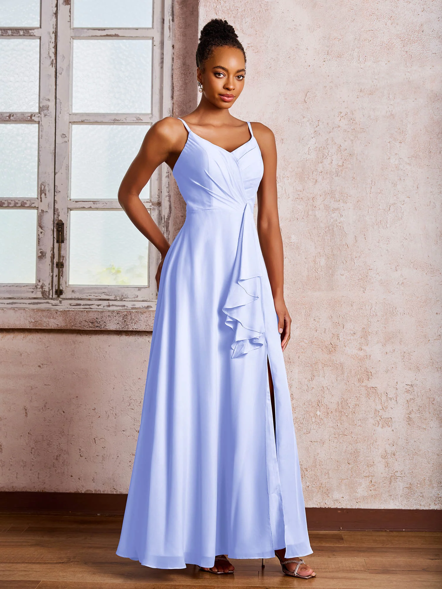 V-neck Ruffle Slit Chiffon Dresses with Cascade Skirt Lavender - Image 3