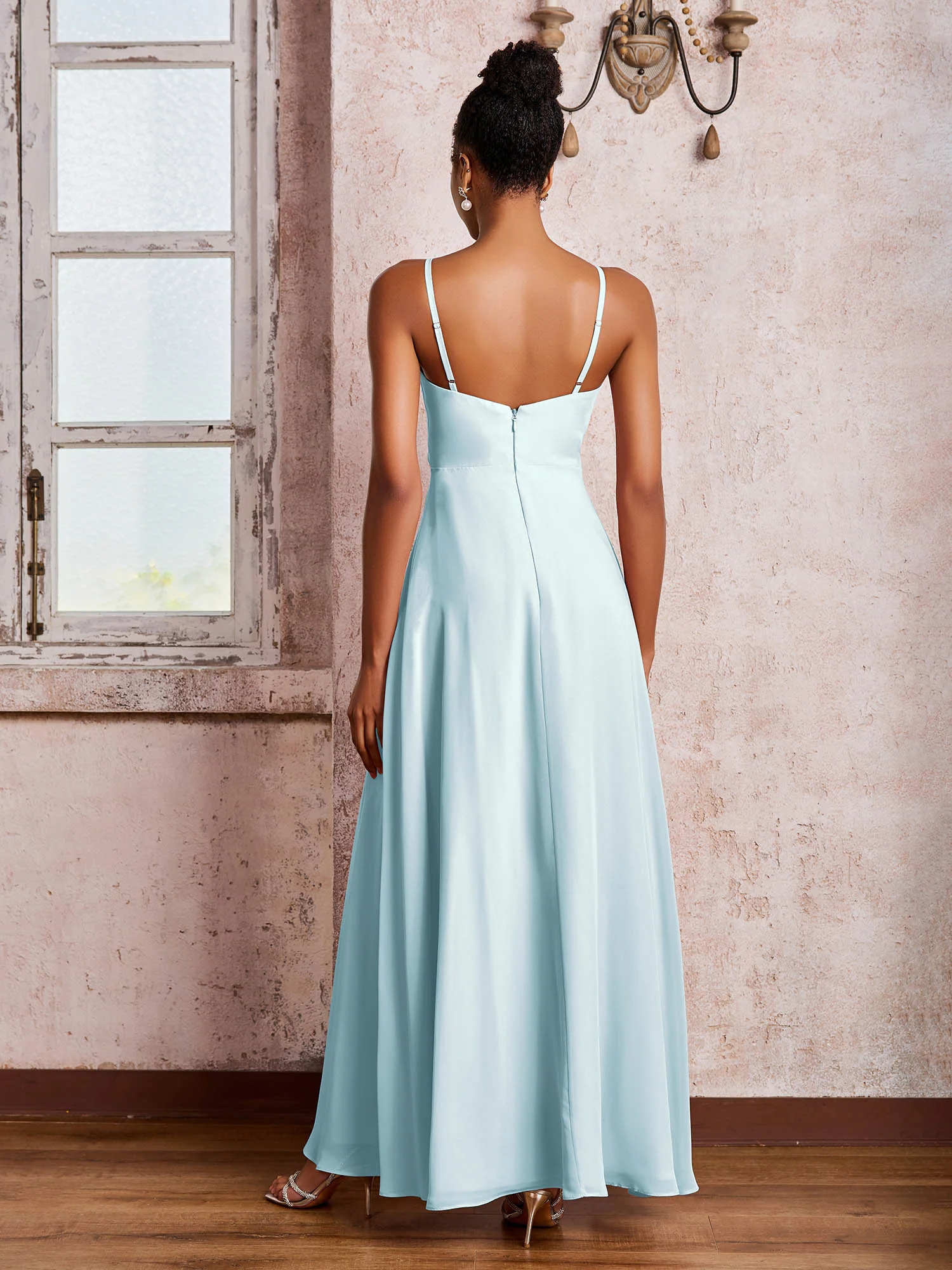 V-neck Ruffle Slit Chiffon Dresses with Cascade Skirt Mist - Image 2
