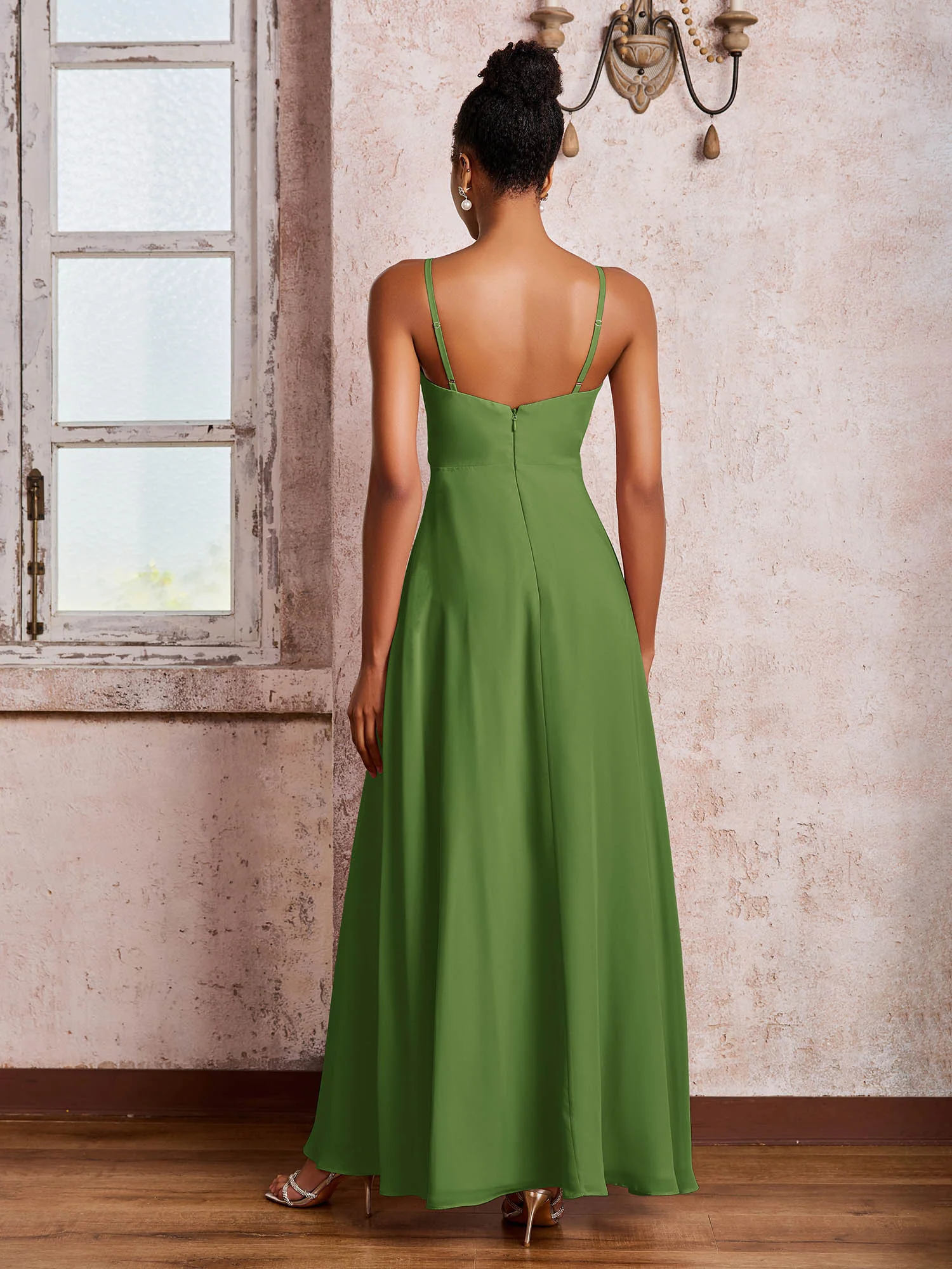V-neck Ruffle Slit Chiffon Dresses with Cascade Skirt Moss - Image 2