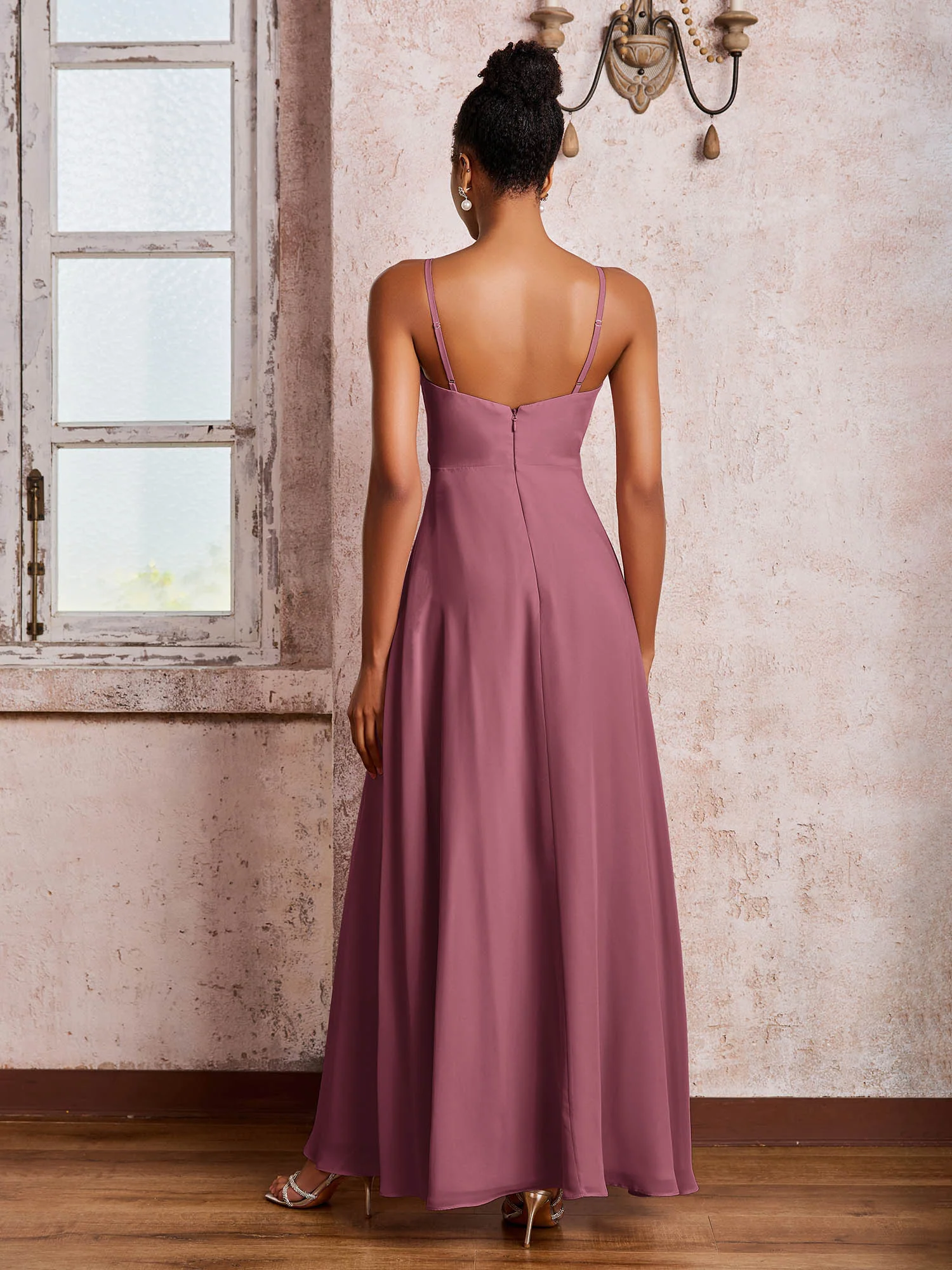 V-neck Ruffle Slit Chiffon Dresses with Cascade Skirt Mulberry - Image 2