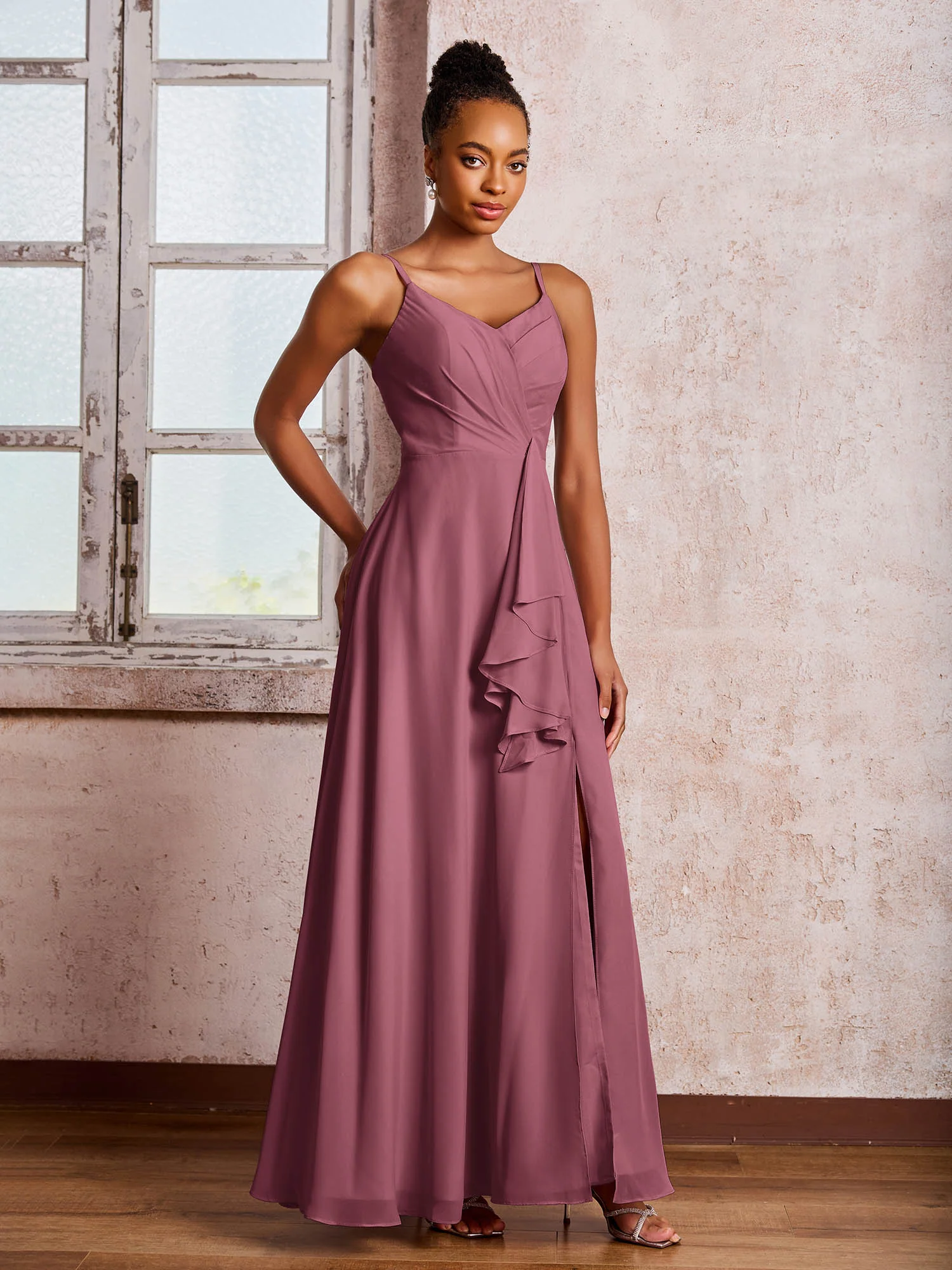 V-neck Ruffle Slit Chiffon Dresses with Cascade Skirt Mulberry - Image 3
