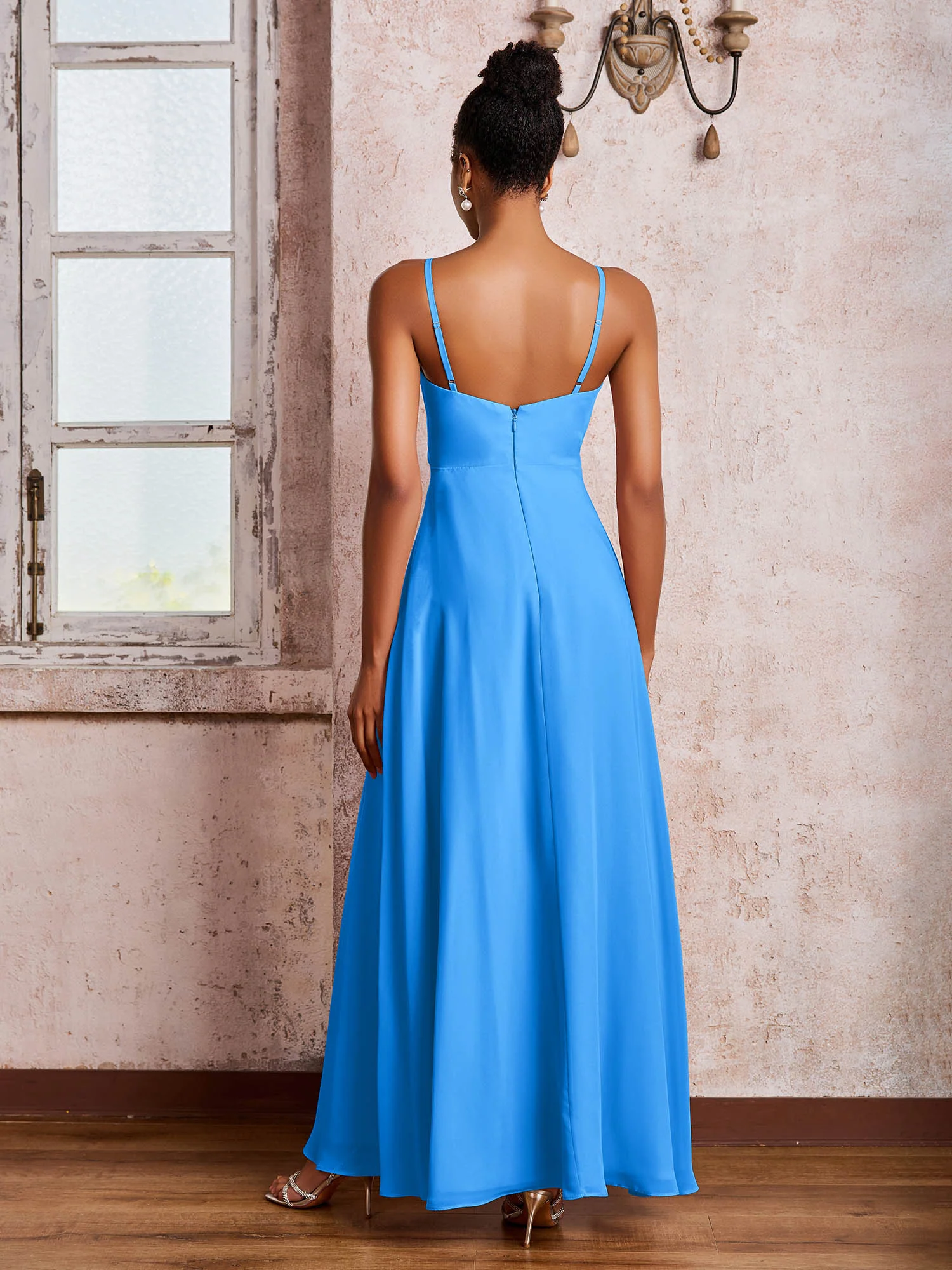 V-neck Ruffle Slit Chiffon Dresses with Cascade Skirt Ocean Blue - Image 2
