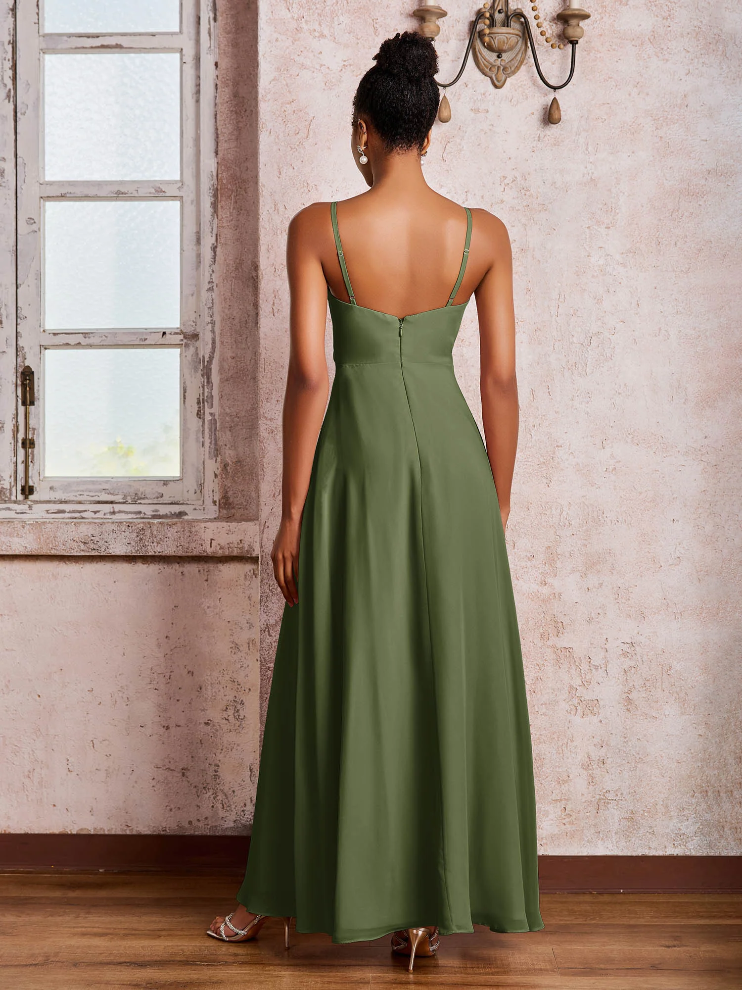 V-neck Ruffle Slit Chiffon Dresses with Cascade Skirt Olive Green - Image 2