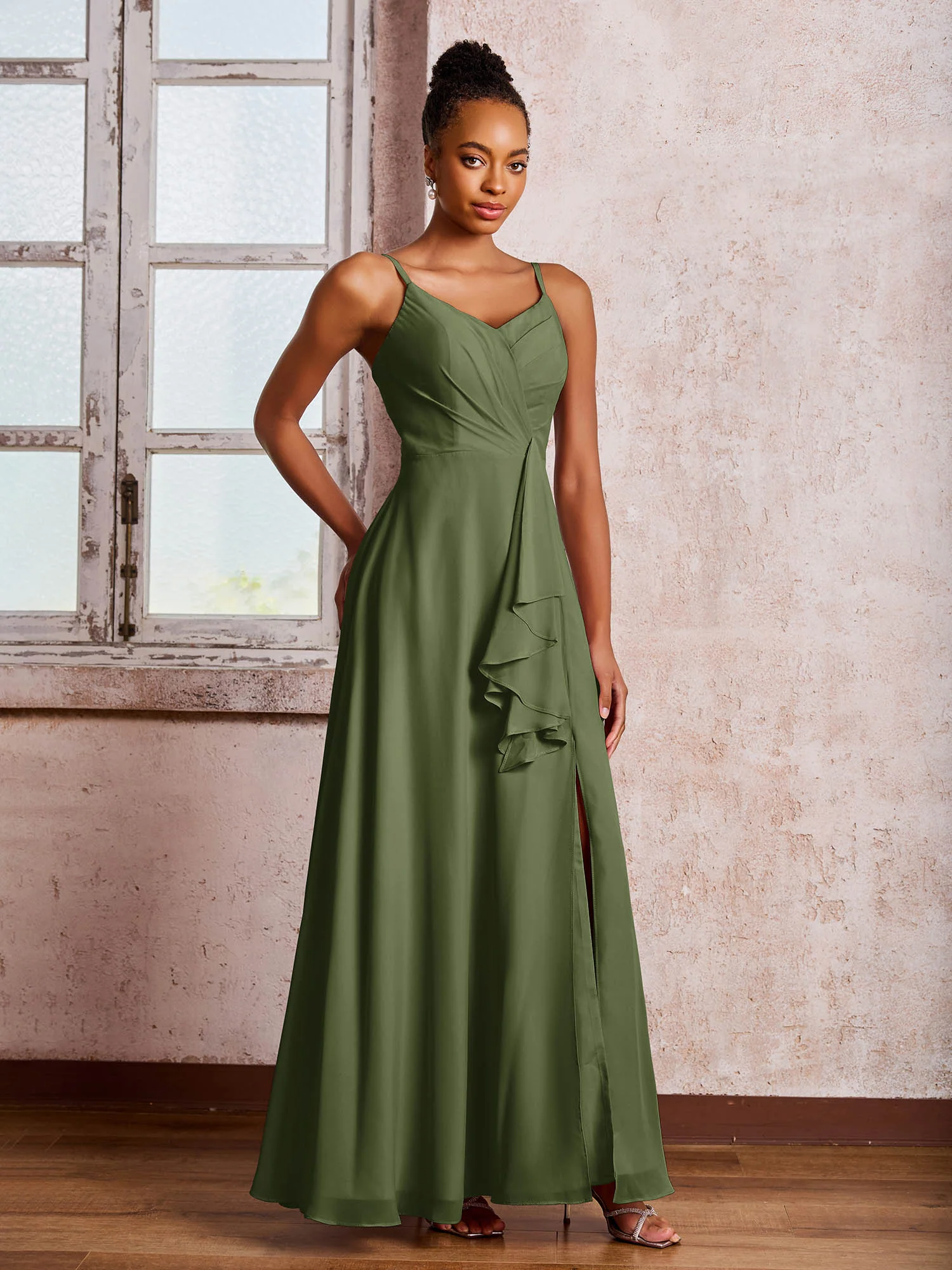 V-neck Ruffle Slit Chiffon Dresses with Cascade Skirt Olive Green - Image 3