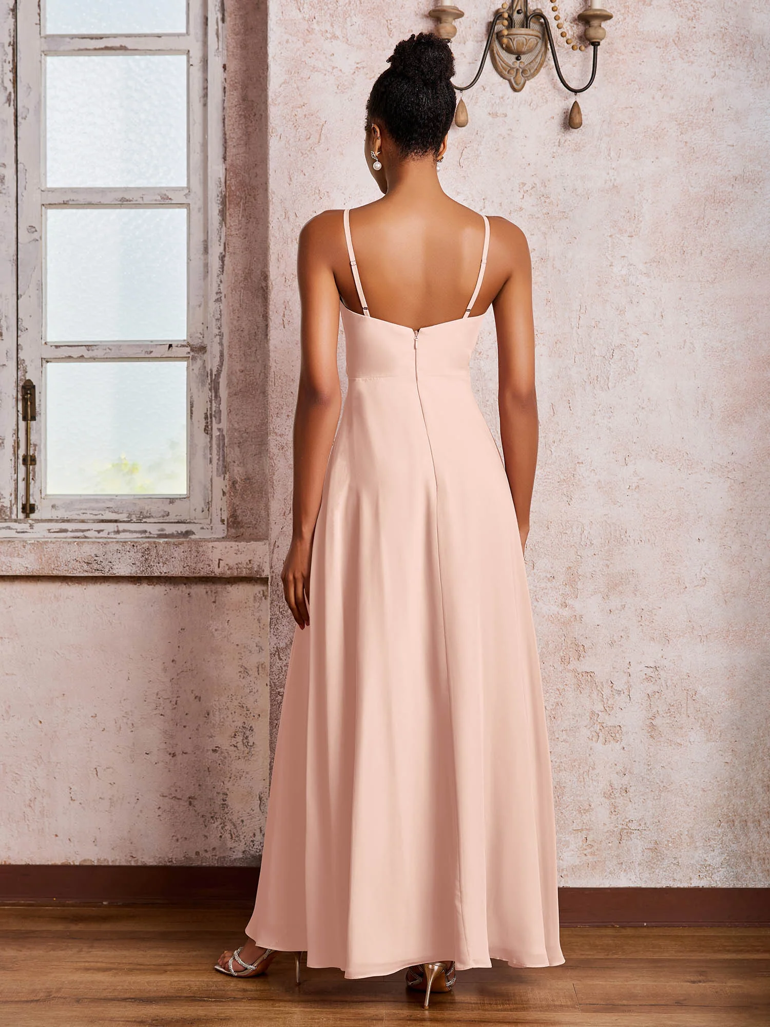 V-neck Ruffle Slit Chiffon Dresses with Cascade Skirt Pearl Pink - Image 2