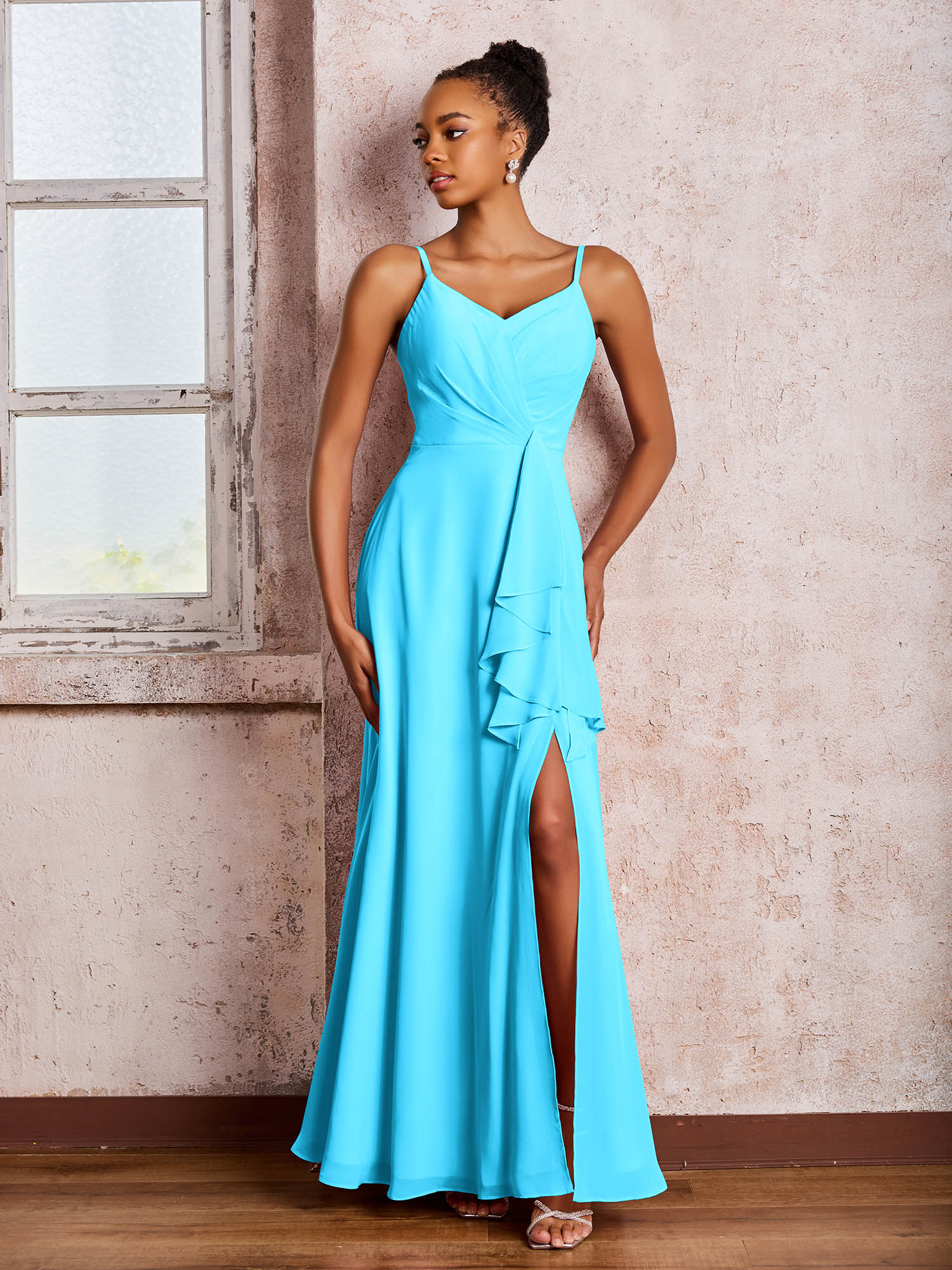 V-neck Ruffle Slit Chiffon Dresses with Cascade Skirt Pool