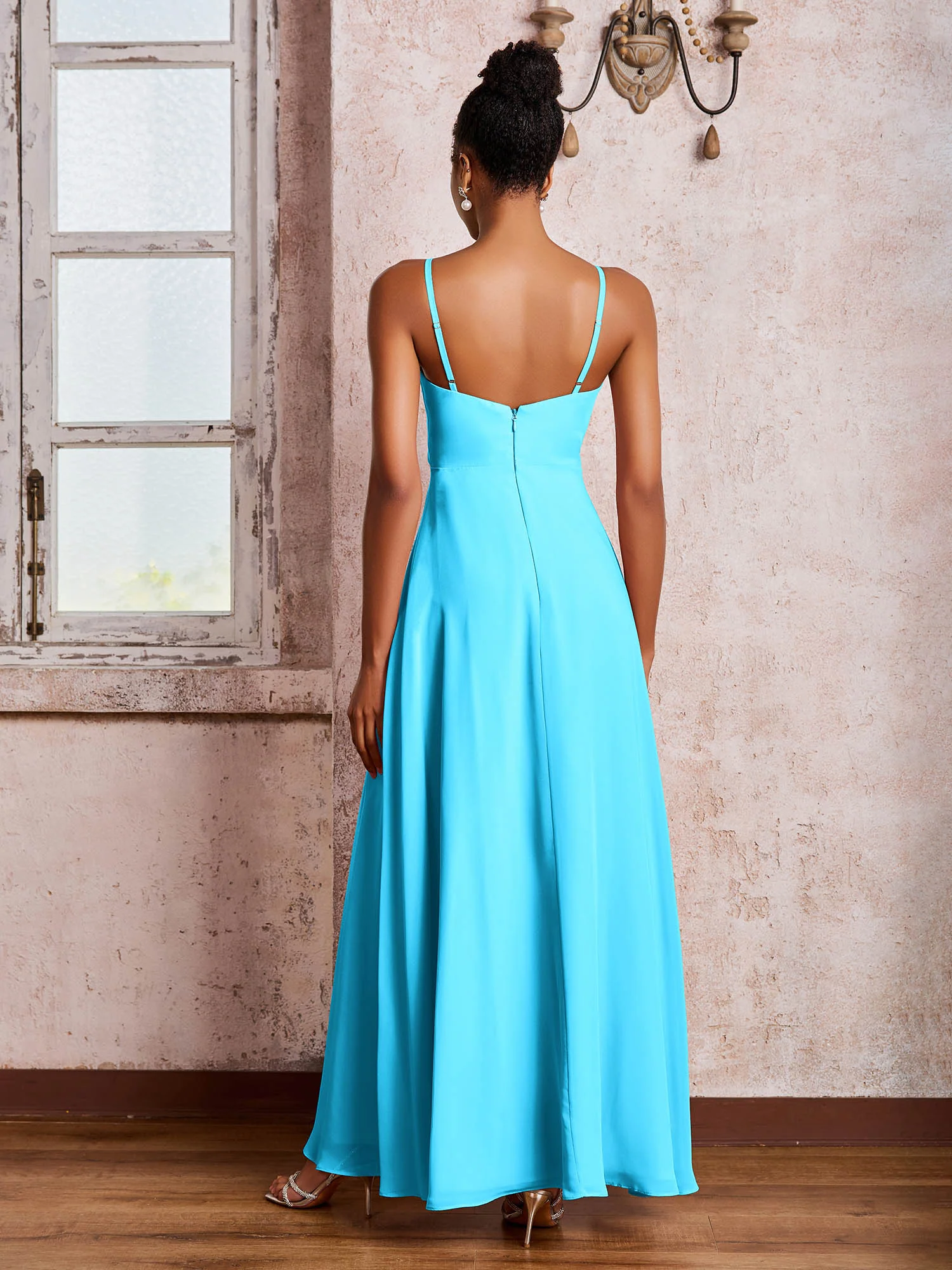 V-neck Ruffle Slit Chiffon Dresses with Cascade Skirt Pool - Image 2