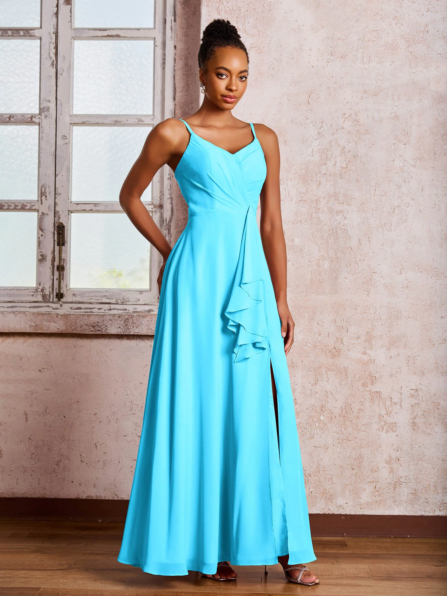 V-neck Ruffle Slit Chiffon Dresses with Cascade Skirt Pool - Image 3