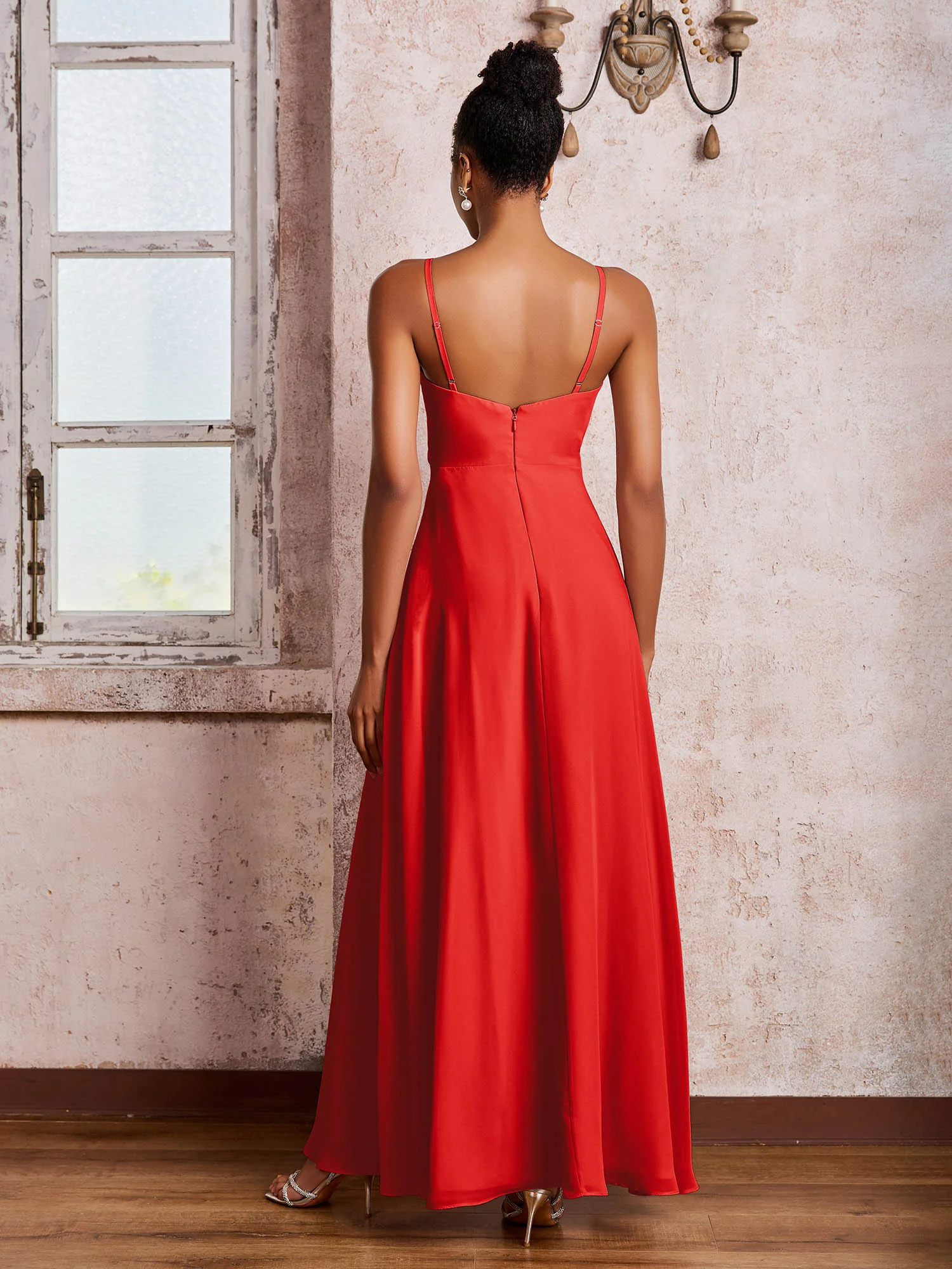 V-neck Ruffle Slit Chiffon Dresses with Cascade Skirt Red - Image 2