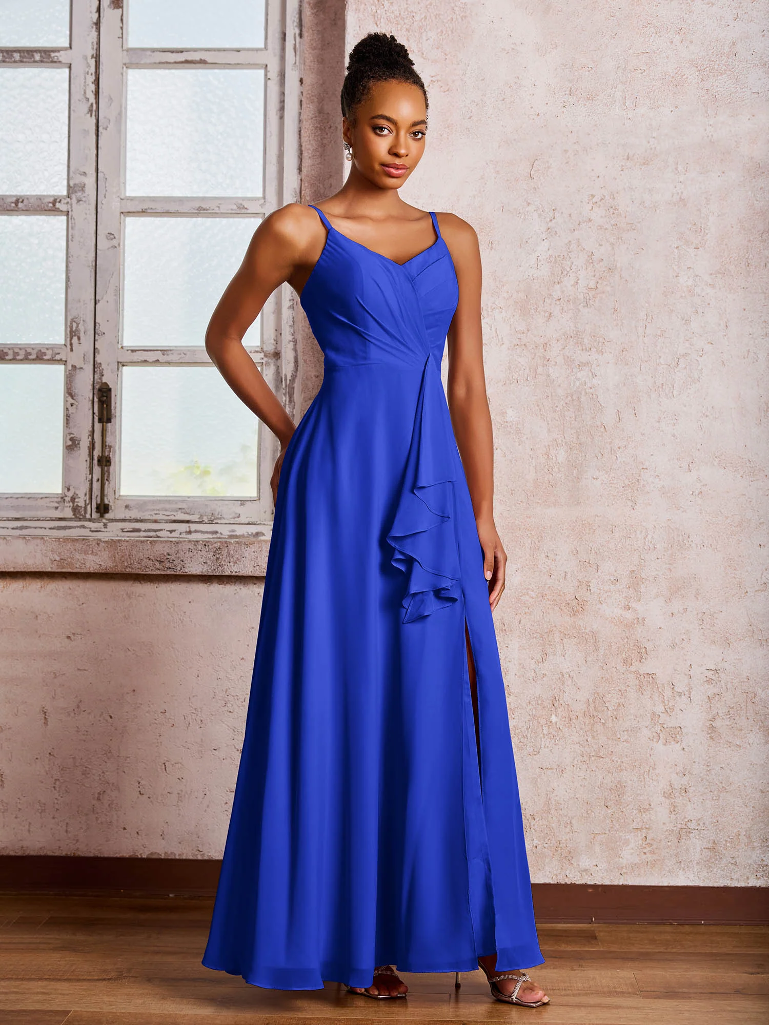 V-neck Ruffle Slit Chiffon Dresses with Cascade Skirt Royal Blue - Image 3