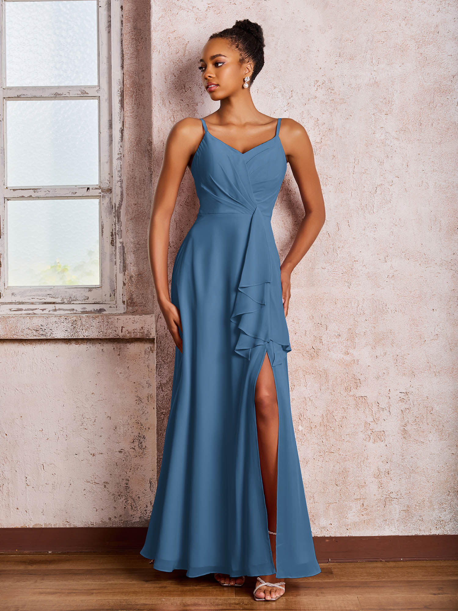 V-neck Ruffle Slit Chiffon Dresses with Cascade Skirt Slate Blue
