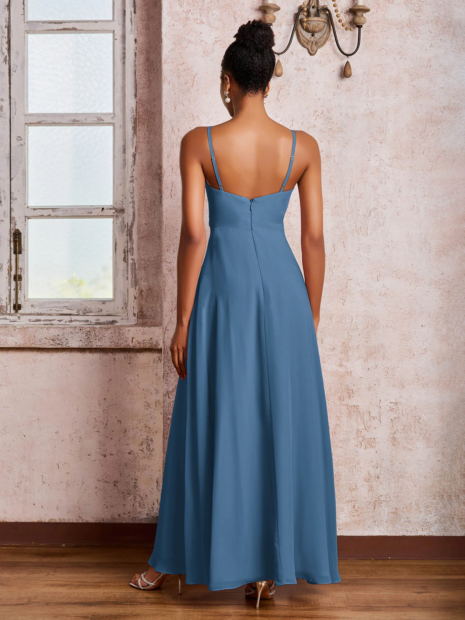 V-neck Ruffle Slit Chiffon Dresses with Cascade Skirt Slate Blue - Image 2