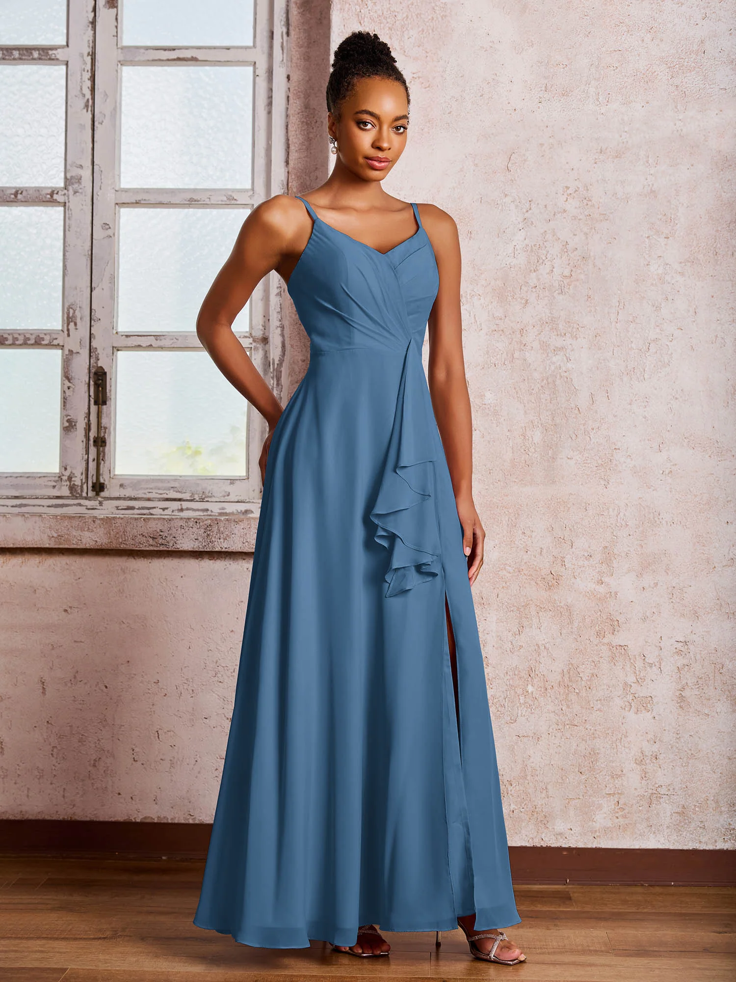 V-neck Ruffle Slit Chiffon Dresses with Cascade Skirt Slate Blue - Image 3