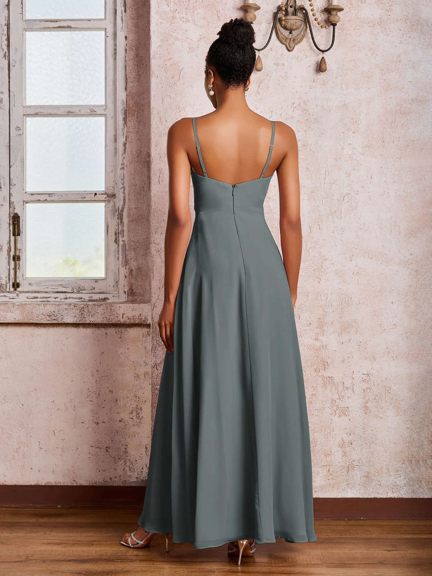 V-neck Ruffle Slit Chiffon Dresses with Cascade Skirt Steel Grey - Image 2