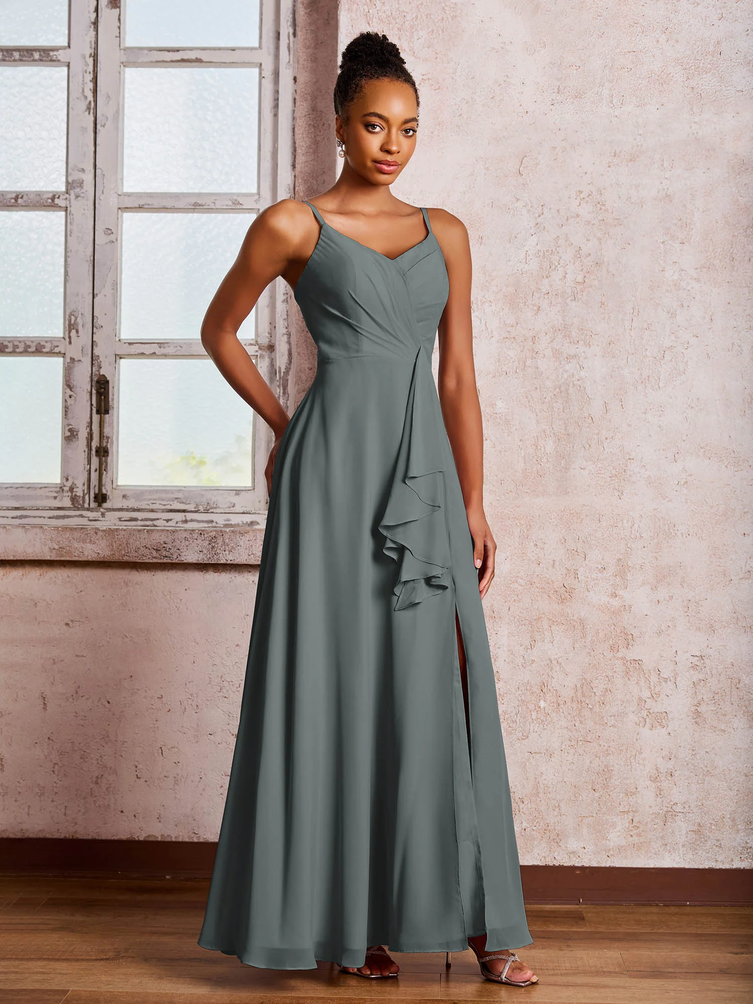 V-neck Ruffle Slit Chiffon Dresses with Cascade Skirt Steel Grey - Image 3