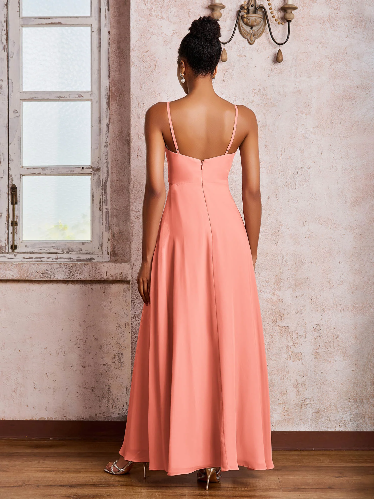 V-neck Ruffle Slit Chiffon Dresses with Cascade Skirt Sunset - Image 2