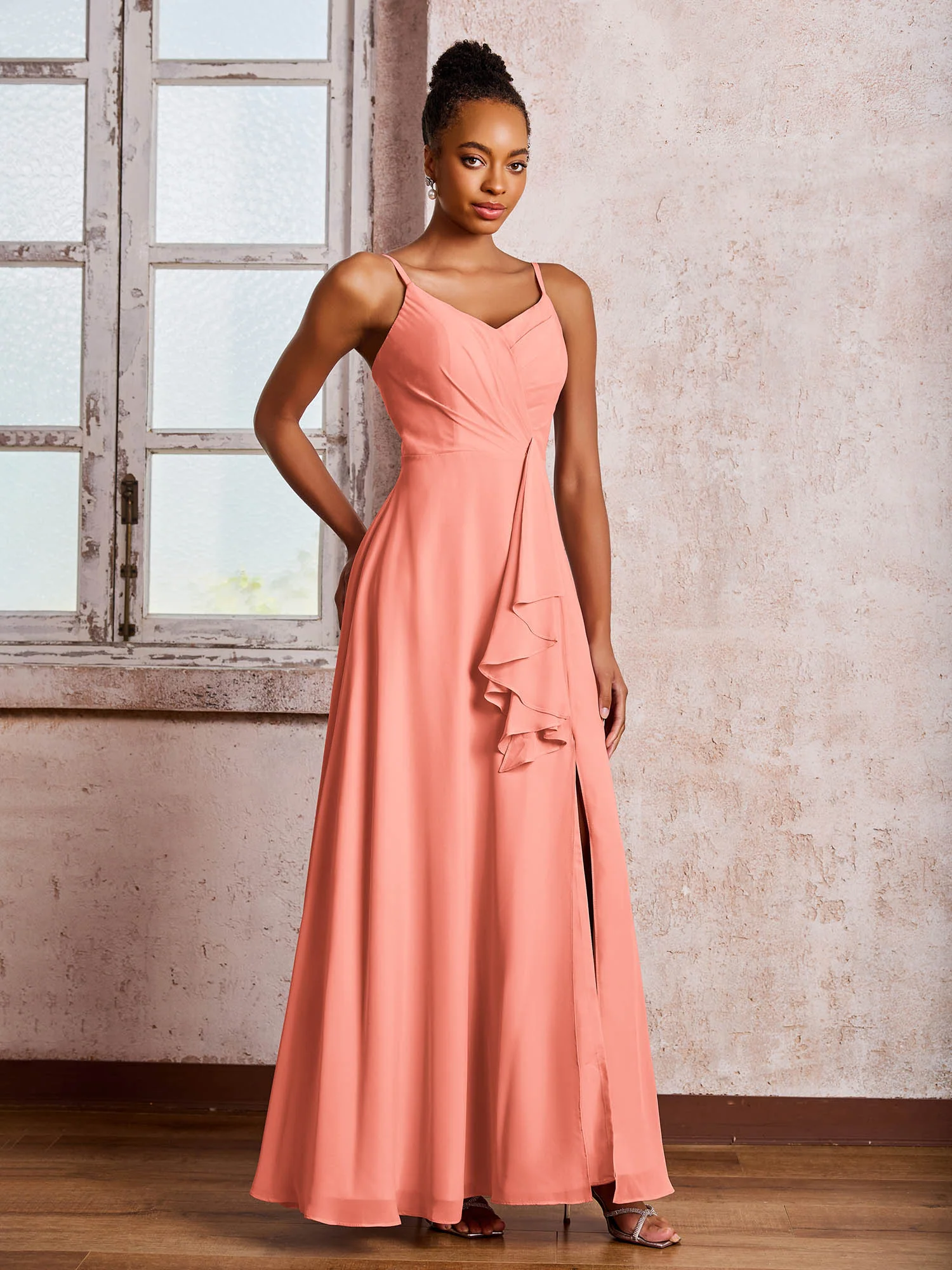 V-neck Ruffle Slit Chiffon Dresses with Cascade Skirt Sunset - Image 3