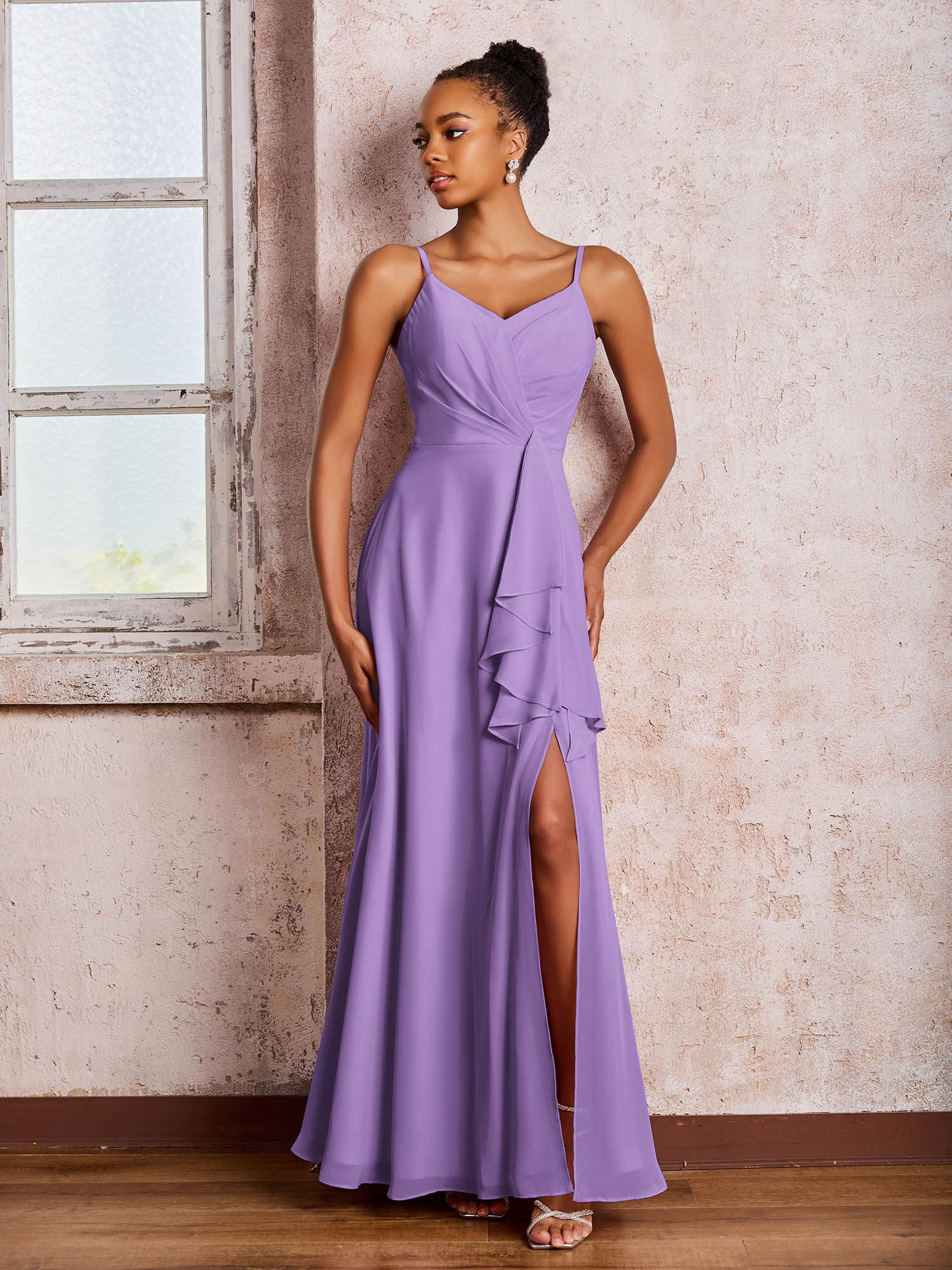 V-neck Ruffle Slit Chiffon Dresses with Cascade Skirt Tahiti
